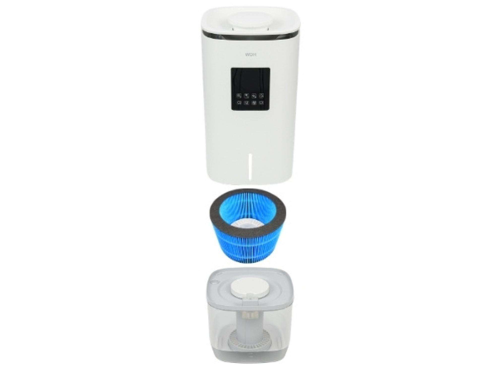 Vue éclatée d'un déshumidificateur blanc avec un filtre cylindrique bleu et un réservoir.
