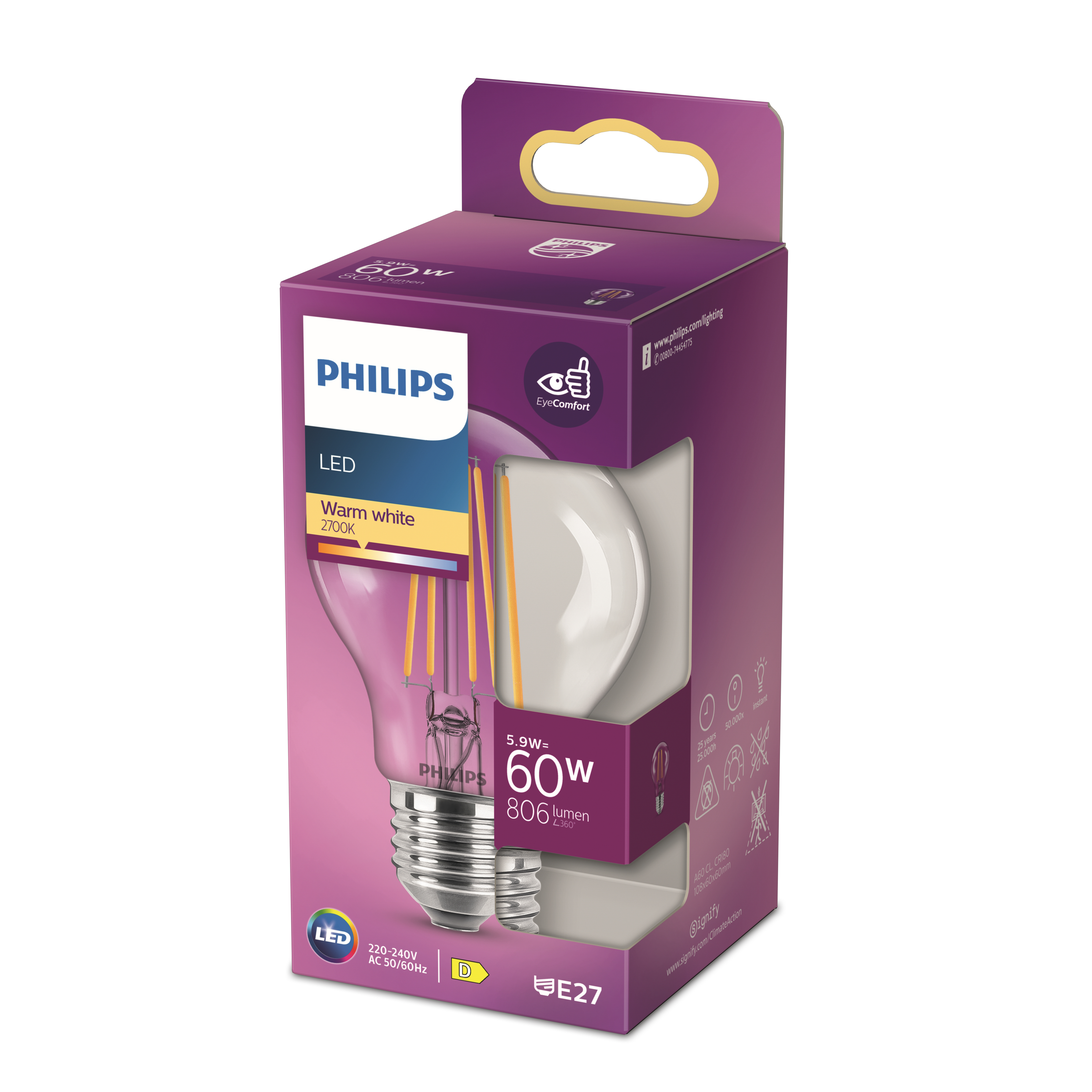Purple Philips LED light bulb packaging featuring Warm white text, 60W equivalent, and E27 base.