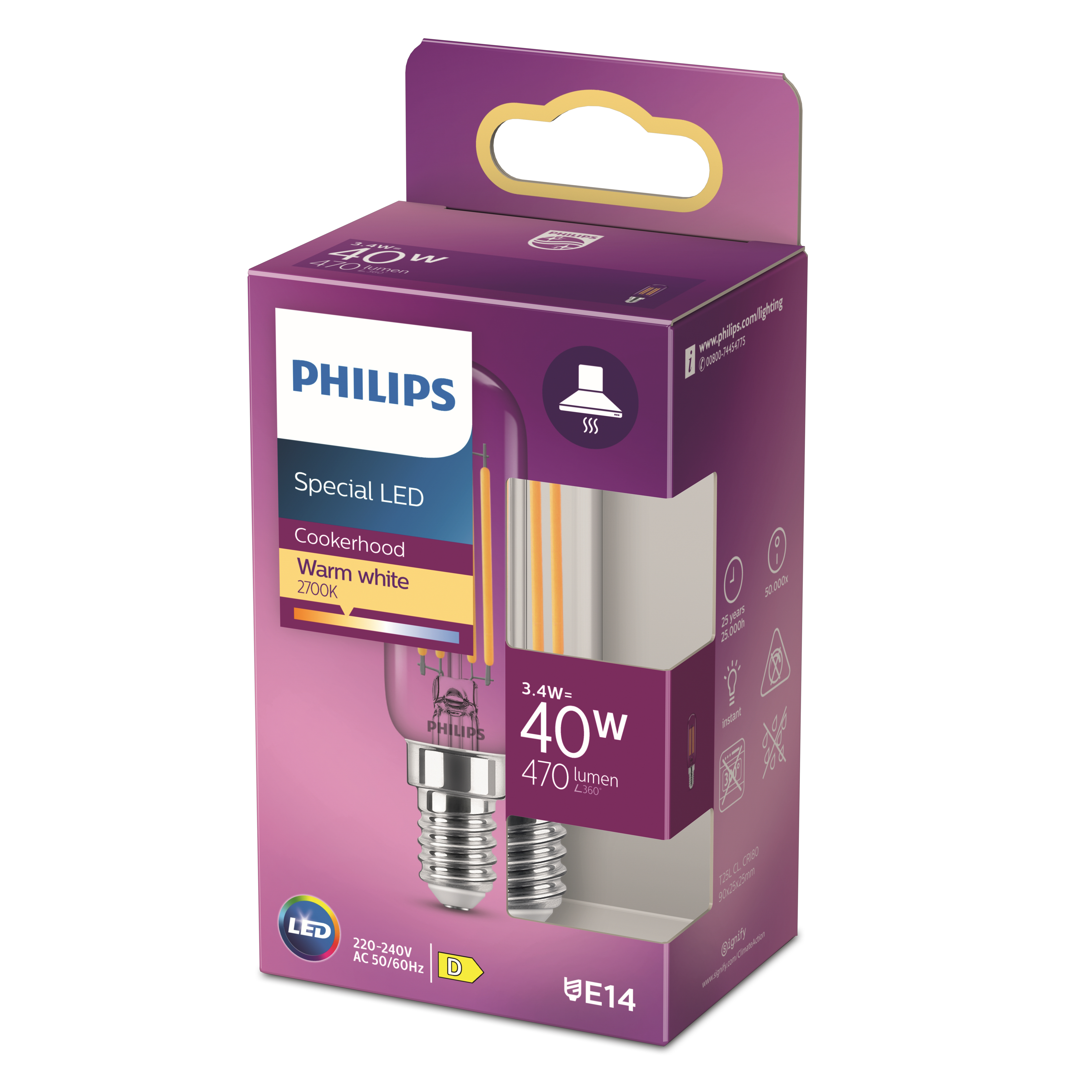 Purple and white box of a Philips LED cooker hood bulb with E14 base and technical details.