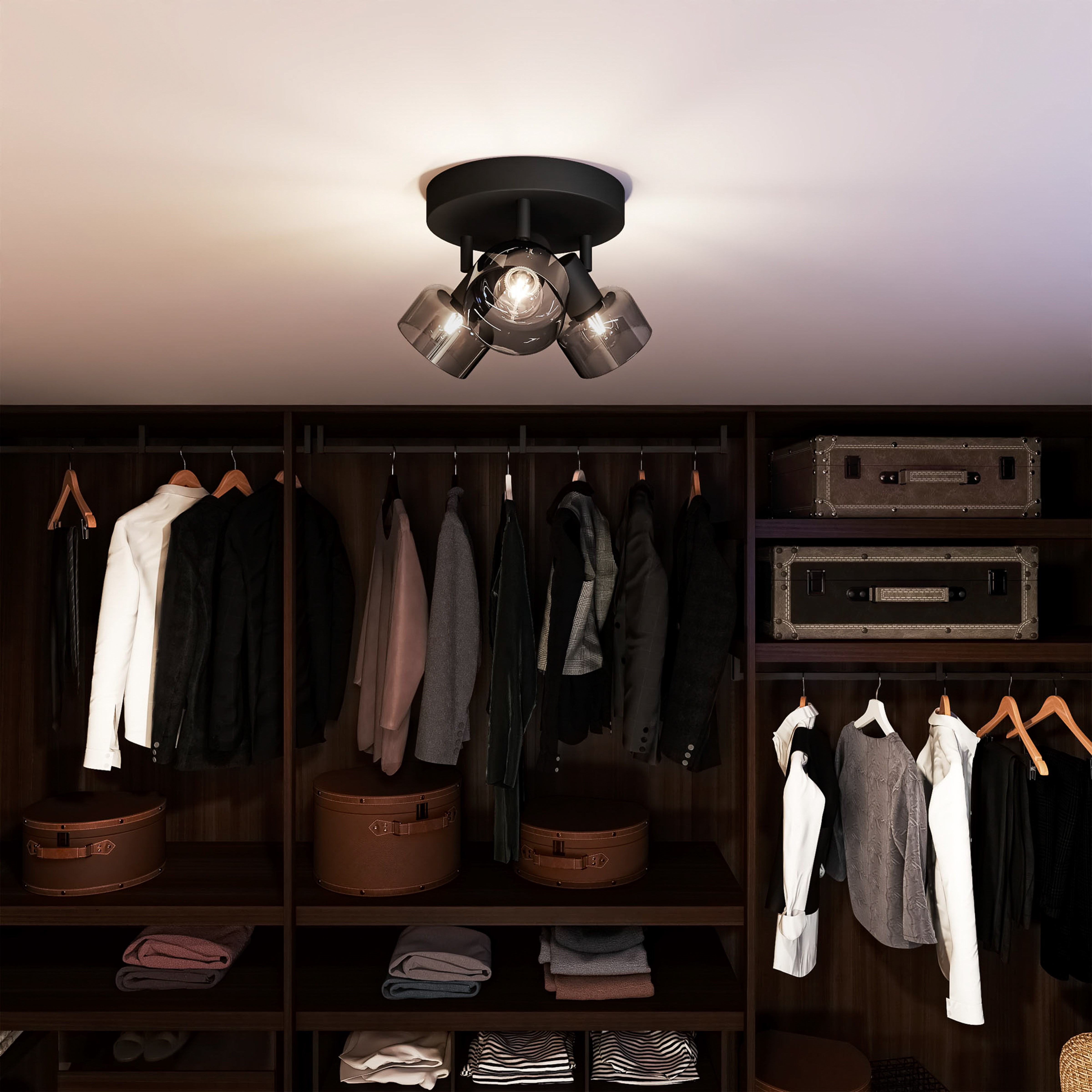 Eine schwarze Deckenleuchte mit drei gläsernen Schirmen beleuchtet einen organisierten begehbaren Kleiderschrank.