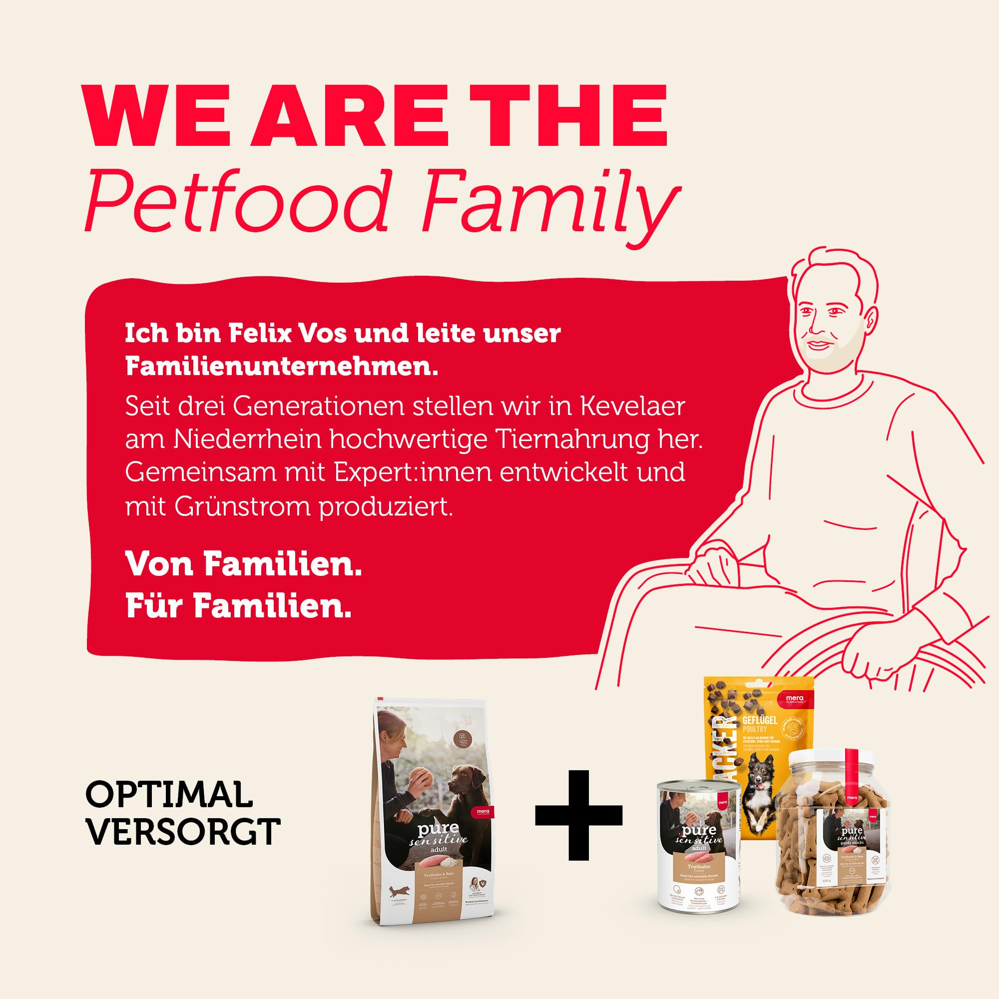 Werbebanner für Tiernahrung mit Text, einer Zeichnung von Felix Vos und verschiedenen Produkten.