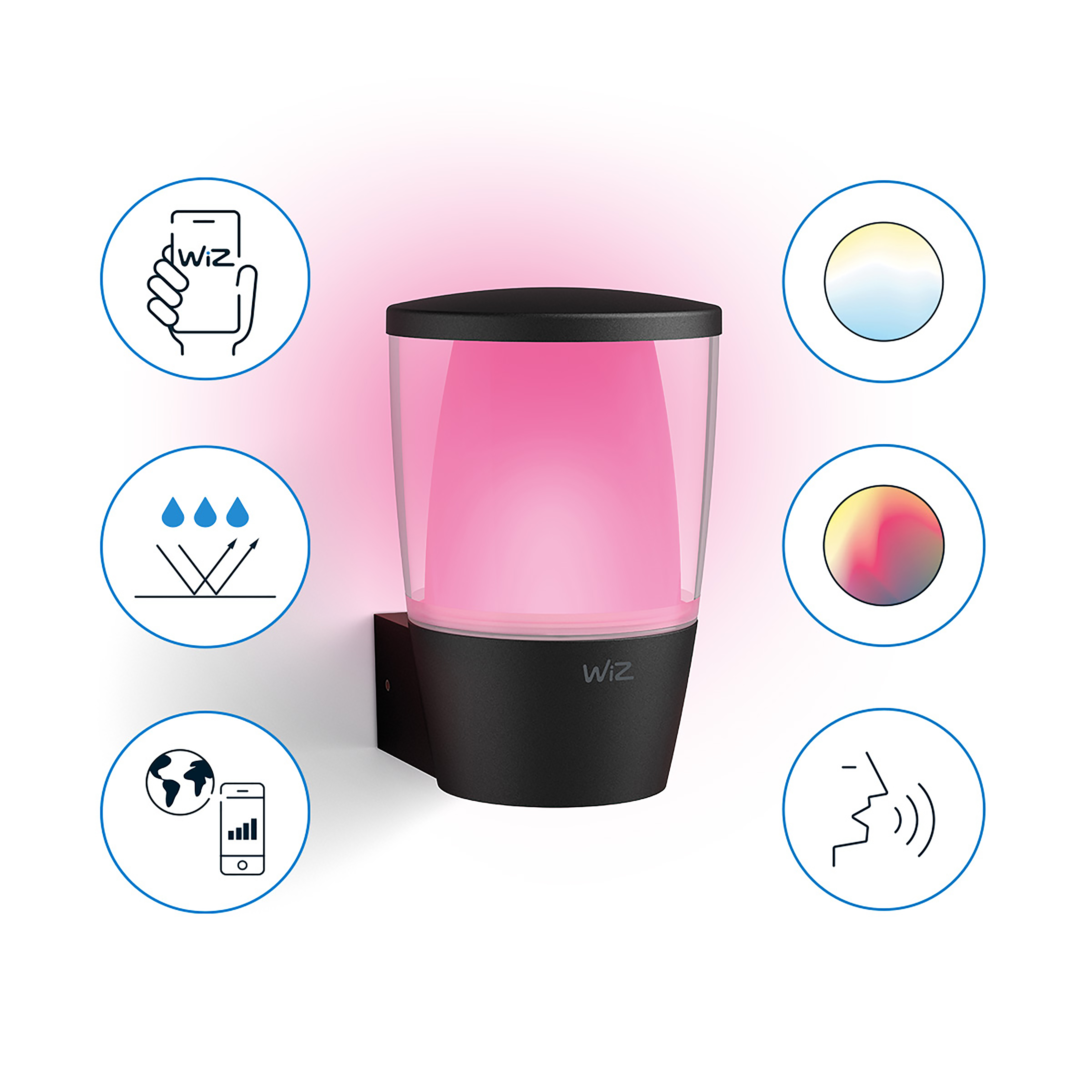 Eine schwarze WiZ Wandlampe leuchtet rosa, umgeben von sechs Symbolen für Funktionen wie App-Steuerung und Wetterfestigkeit.