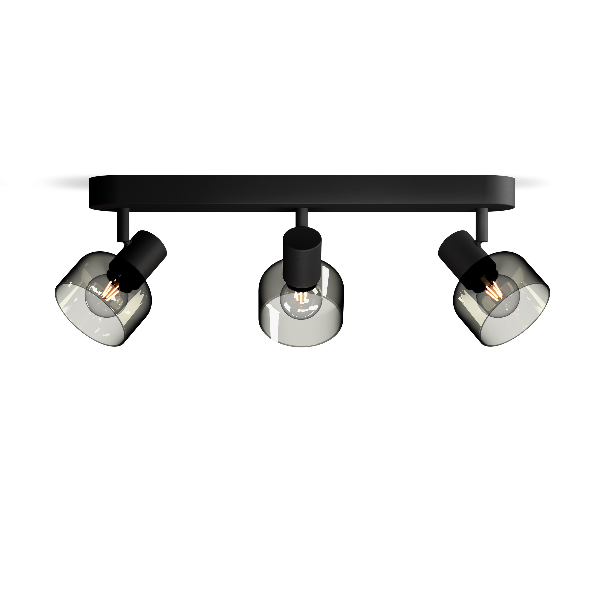 Eine schwarze Deckenleuchte mit drei verstellbaren Spotlights und rauchgrauen Glaslampenschirmen.