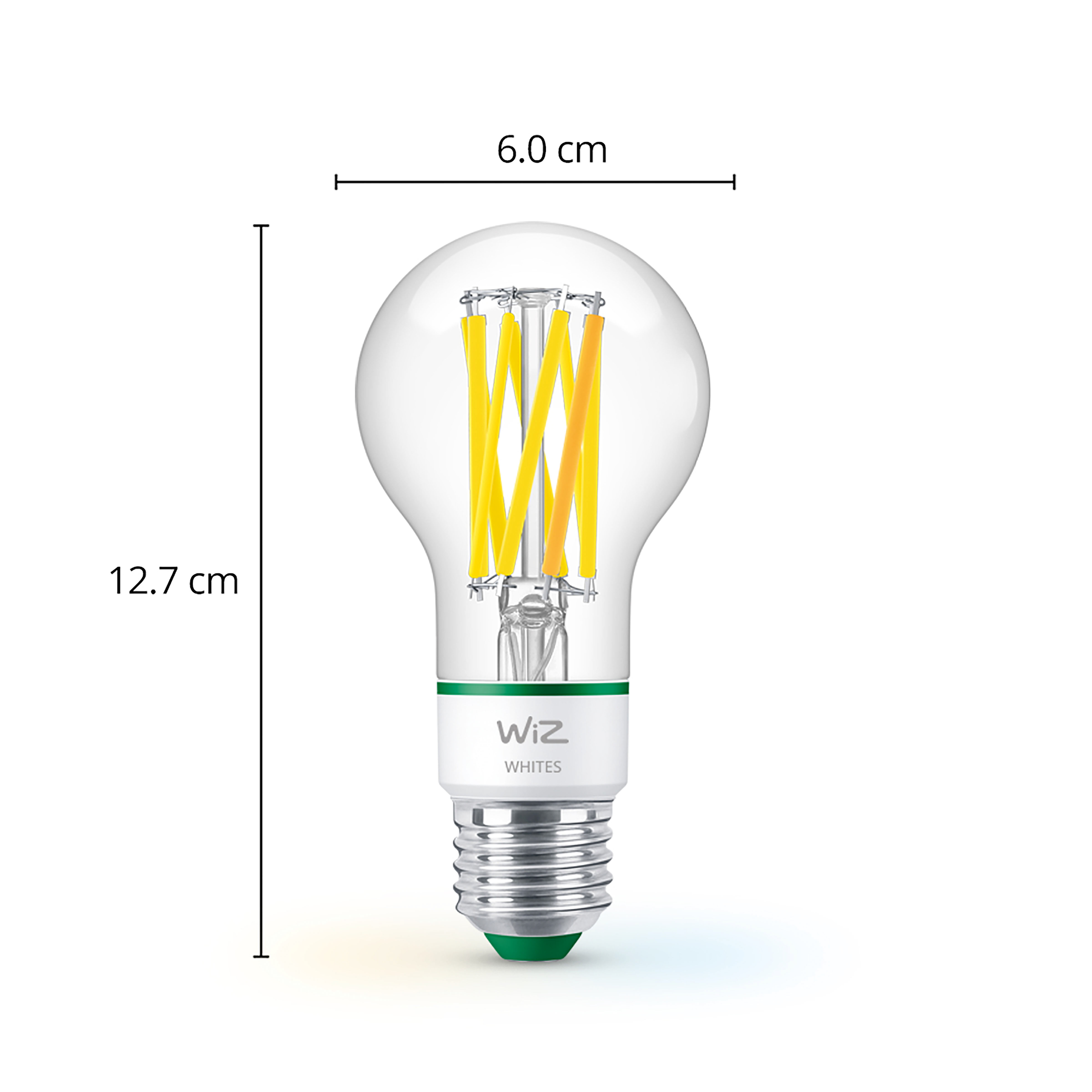 Bombilla de filamento LED Wiz con dimensiones de 6.0 cm de ancho y 12.7 cm de alto sobre fondo blanco.