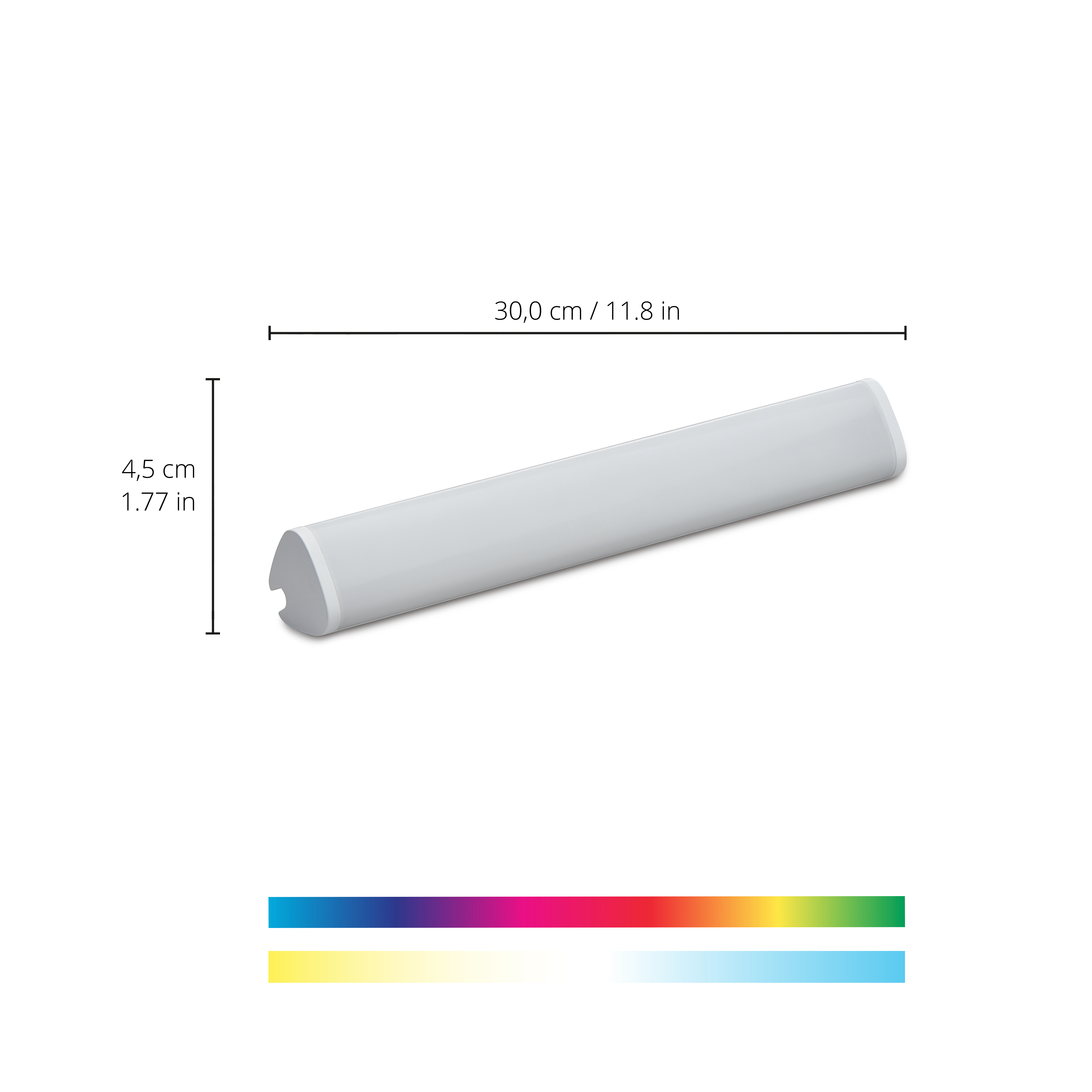 Weiße LED-Leiste, 30 cm lang, mit Maßen und zwei Farbspektren unten auf weißem Grund.