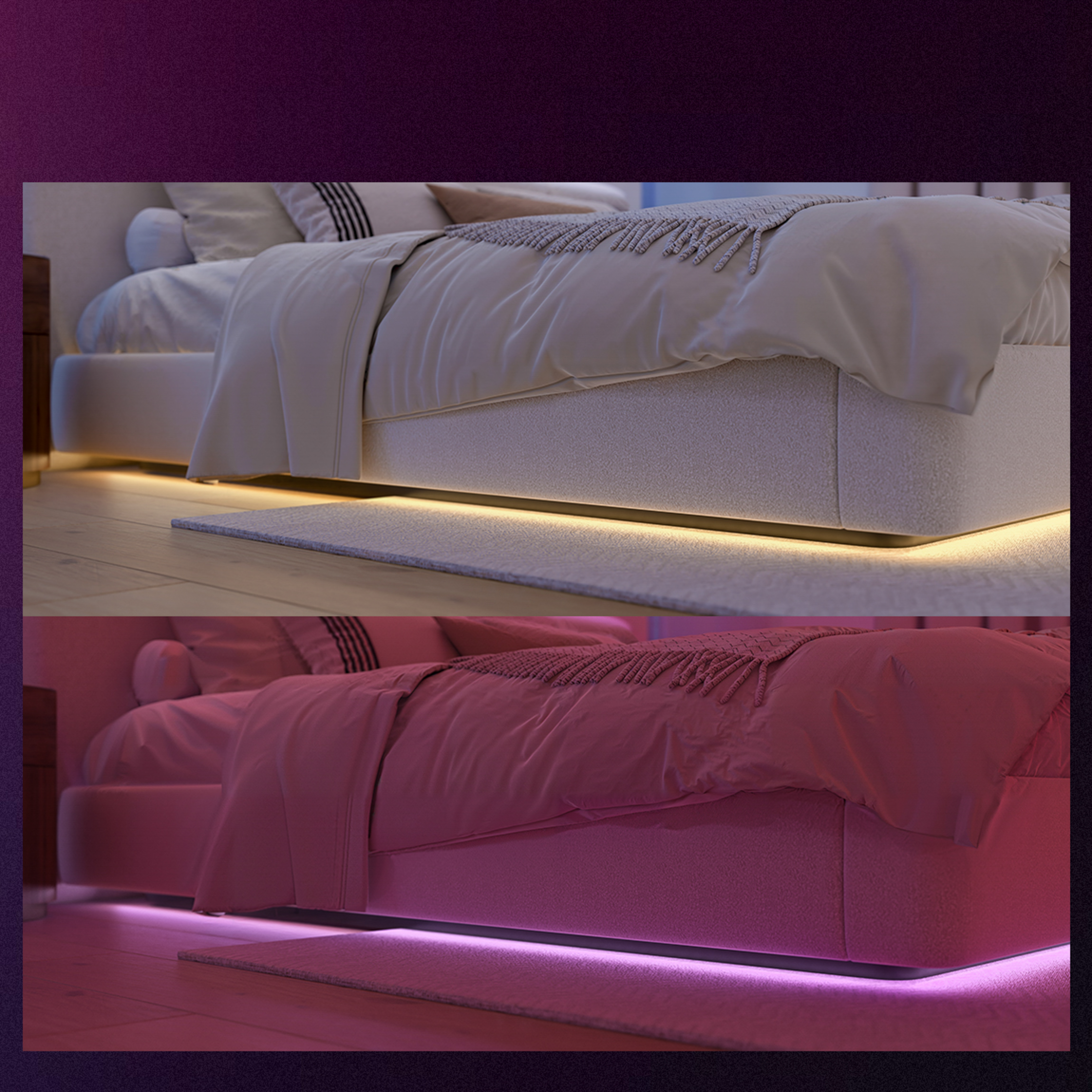 Immagine divisa di un letto con illuminazione inferiore, bianco caldo sopra, rosa sotto.