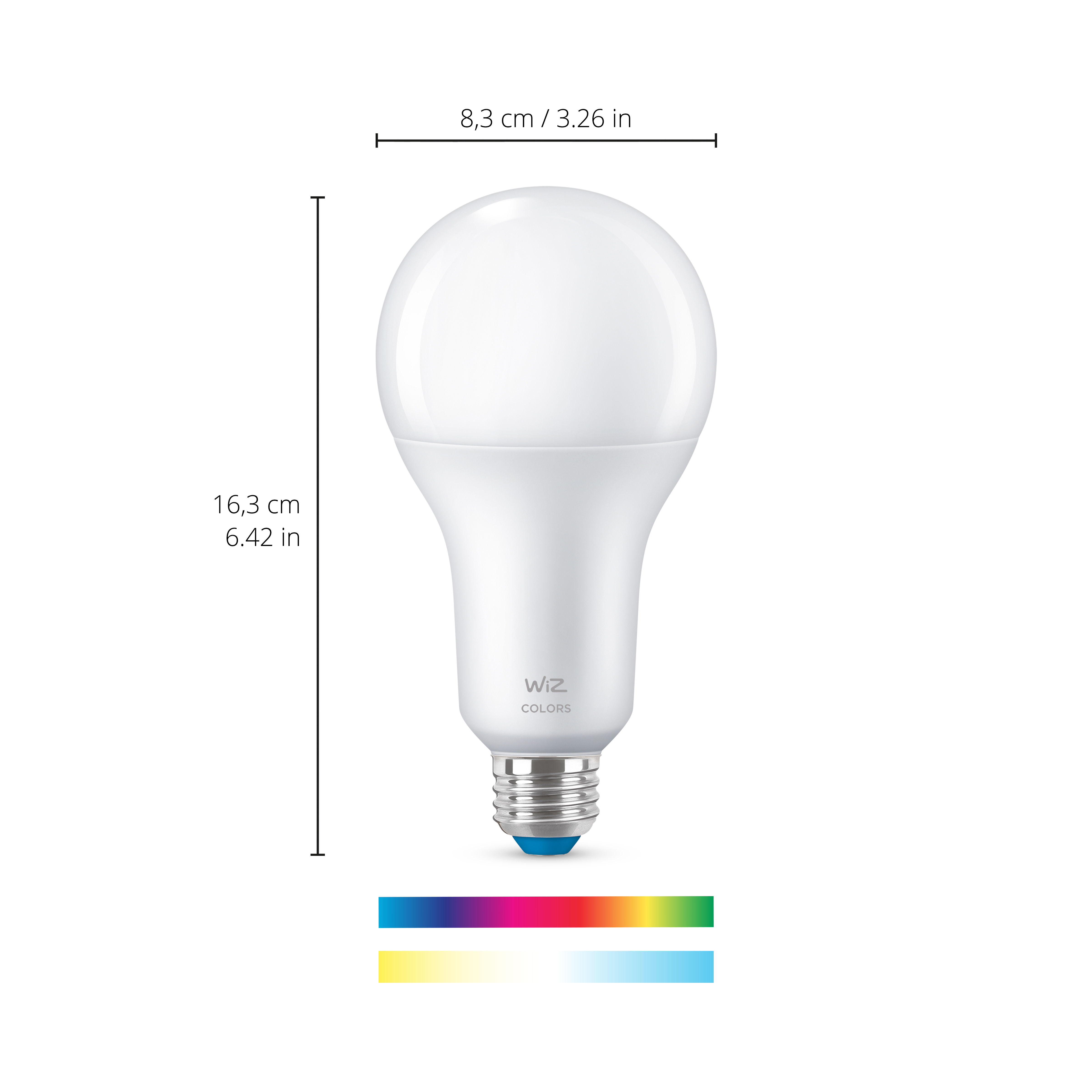 Weiße WiZ Farb-Glühlampe mit Abmessungen von 8,3 cm x 16,3 cm und zwei Farbleisten darunter vor weißem Hintergrund.
