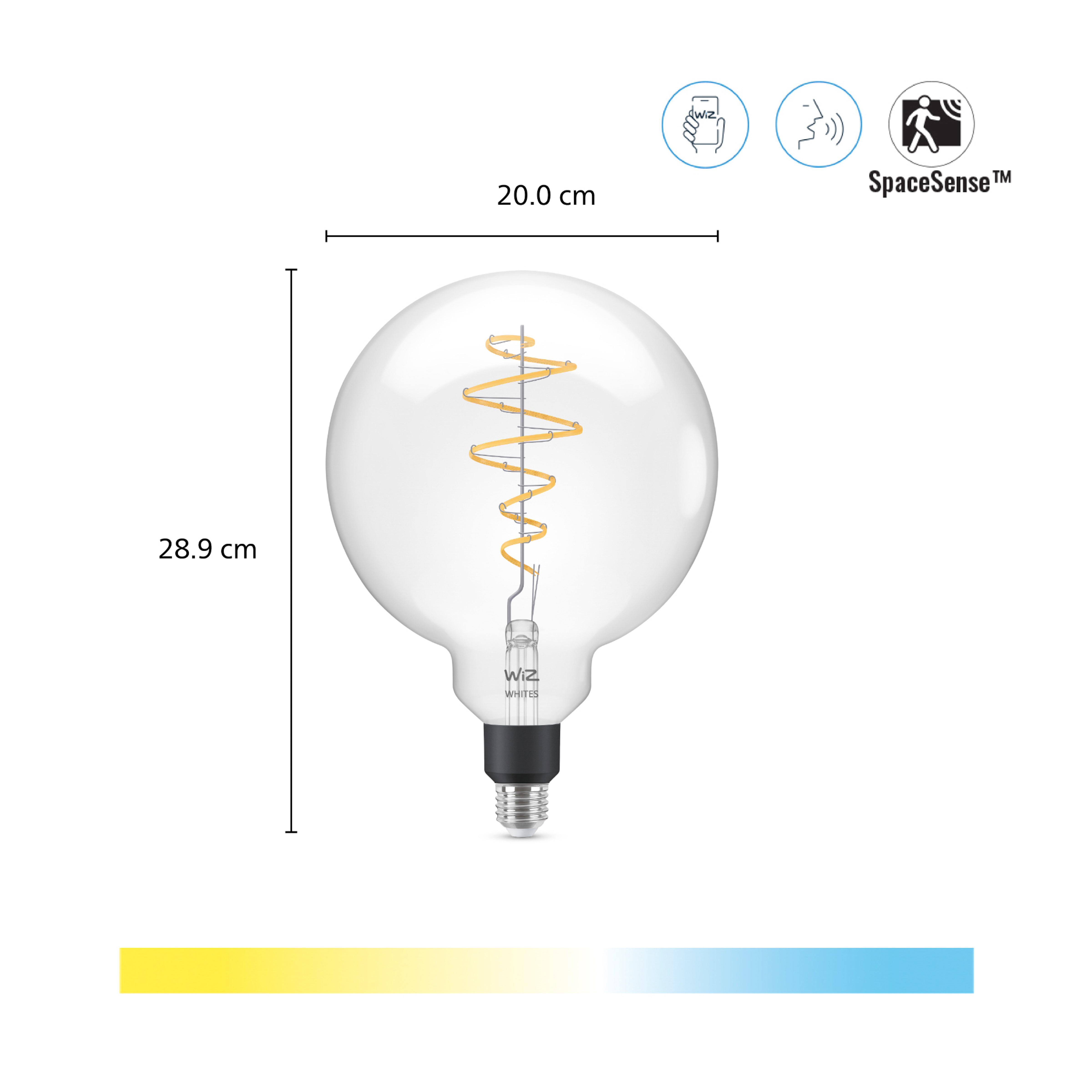 Diagrama de una bombilla WiZ grande con dimensiones de 20x28.9 cm e iconos inteligentes.