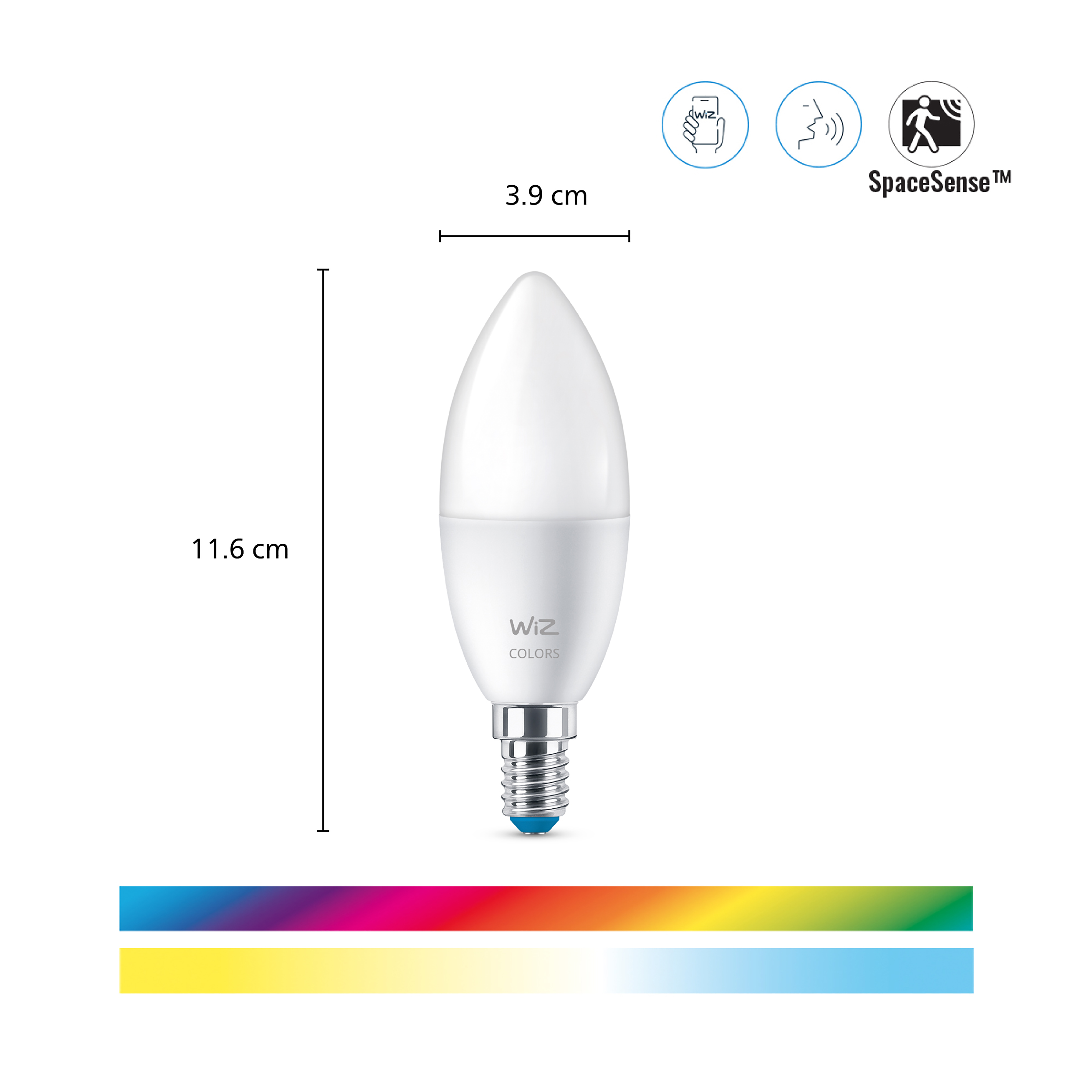 Wiz LED-Kerzenlampe mit Maßangaben von 3.9 cm und 11.6 cm, farbigen Balken und Steuerungssymbolen.