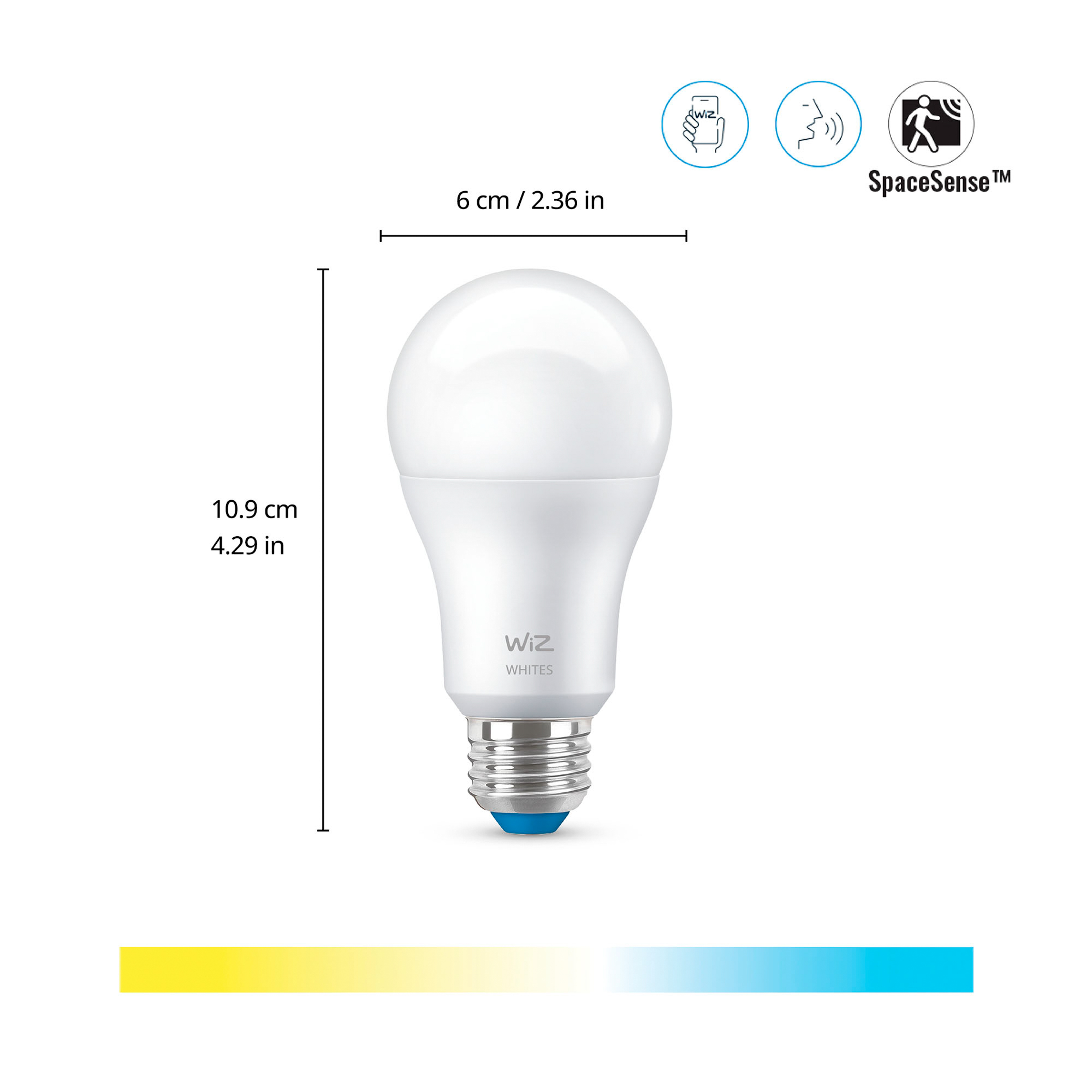 Bombilla LED Wiz con líneas de dimensión que muestran 10,9 cm de altura y 6 cm de ancho.