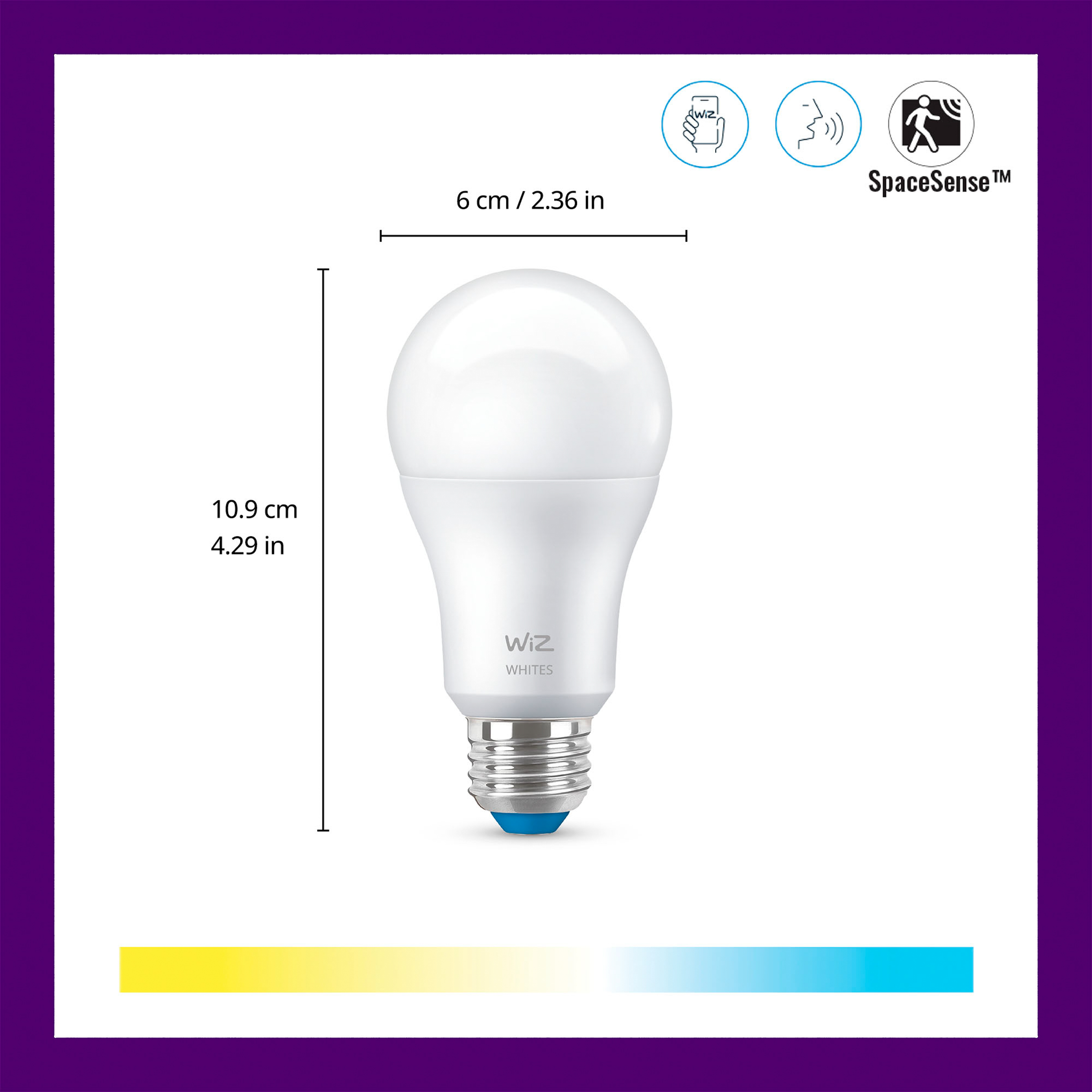 Bombilla LED WiZ con dimensiones, iconos de app, voz y sensor.