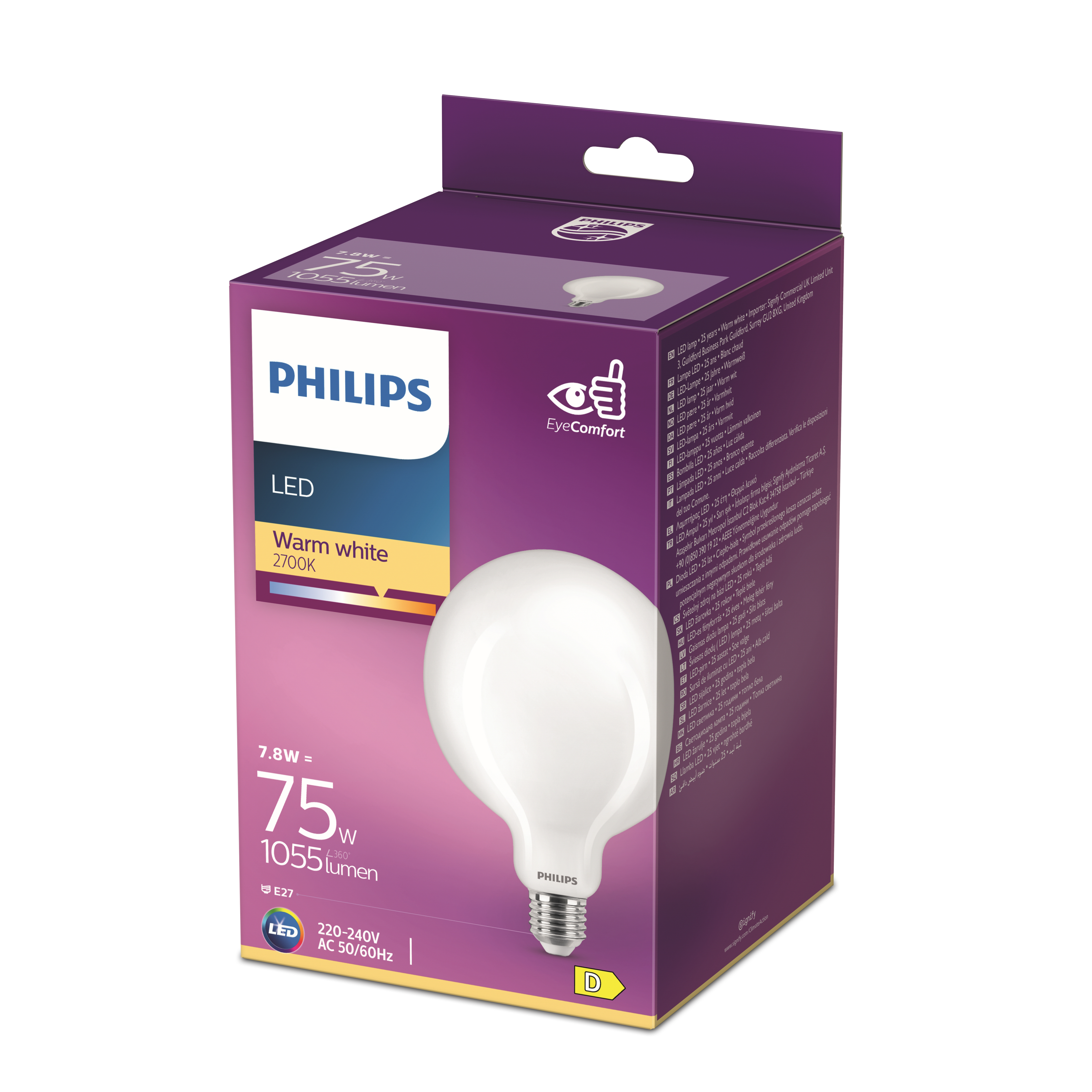 Purple and white Philips LED bulb packaging for a 7.8W warm white globe bulb.