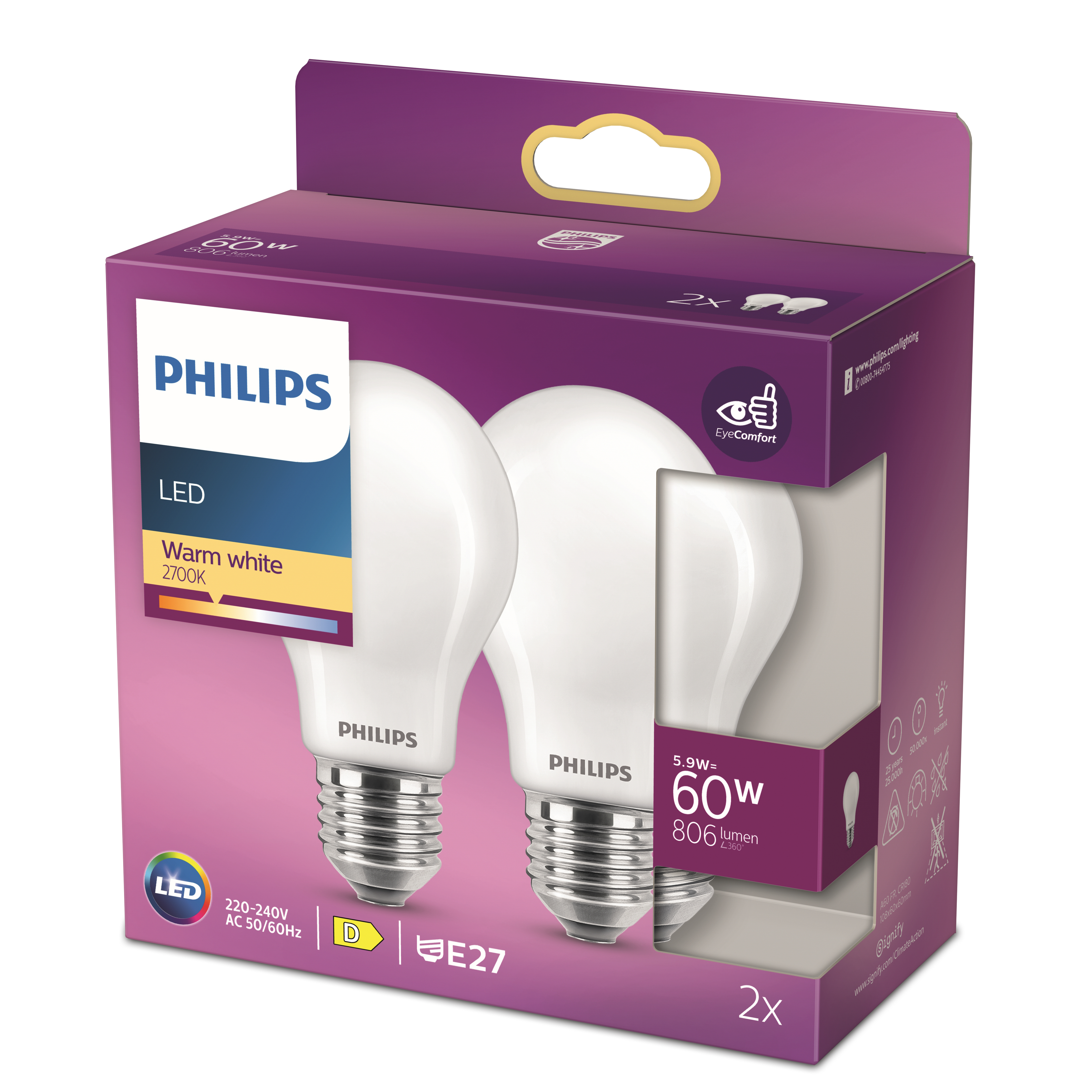 A purple Philips LED light bulb box containing two warm white E27 bulbs, highlighting 60W equivalent and 806 lumens.