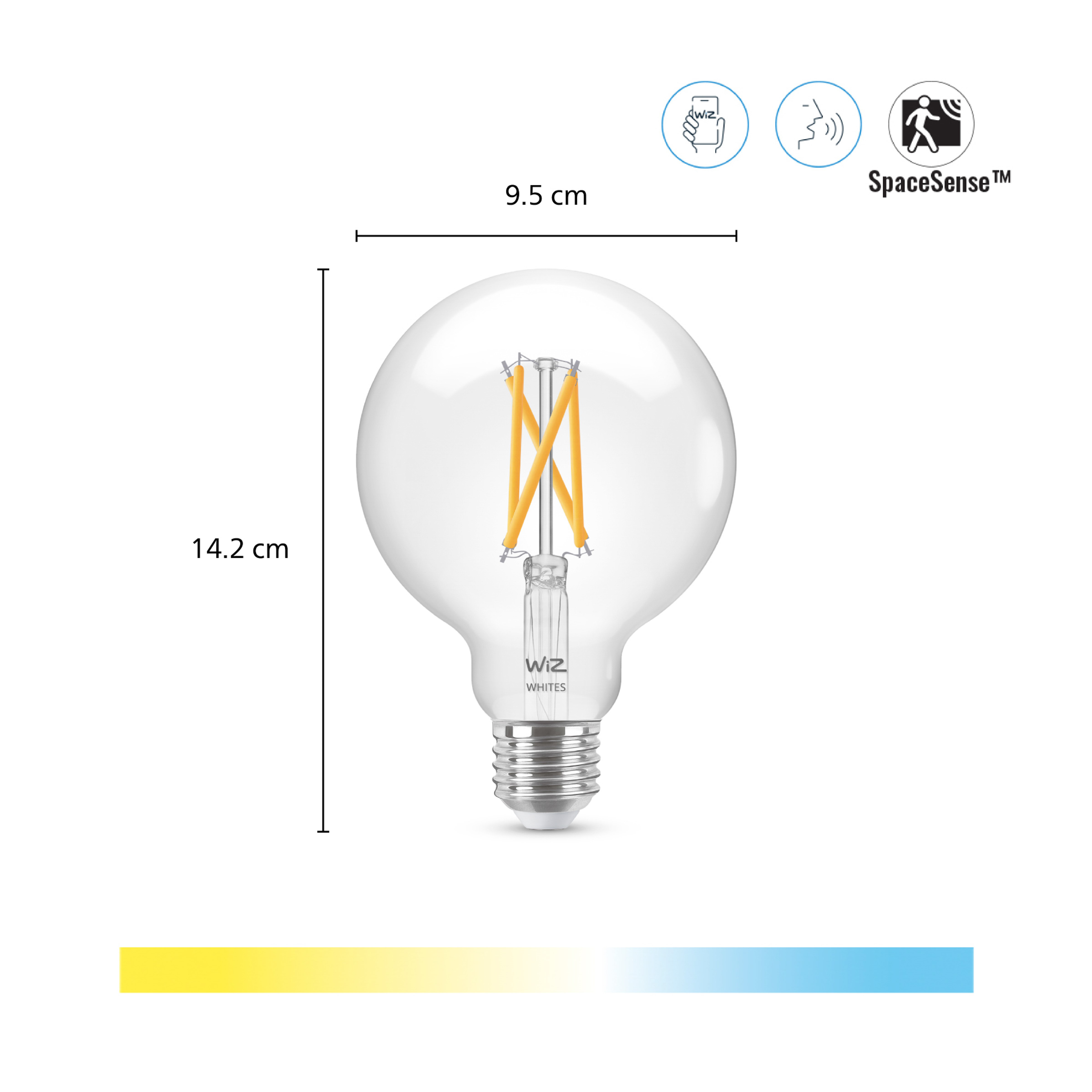 Wiz Filament Glühbirne mit Maßen und Icons für App-, Sprach- und Bewegungserkennung.