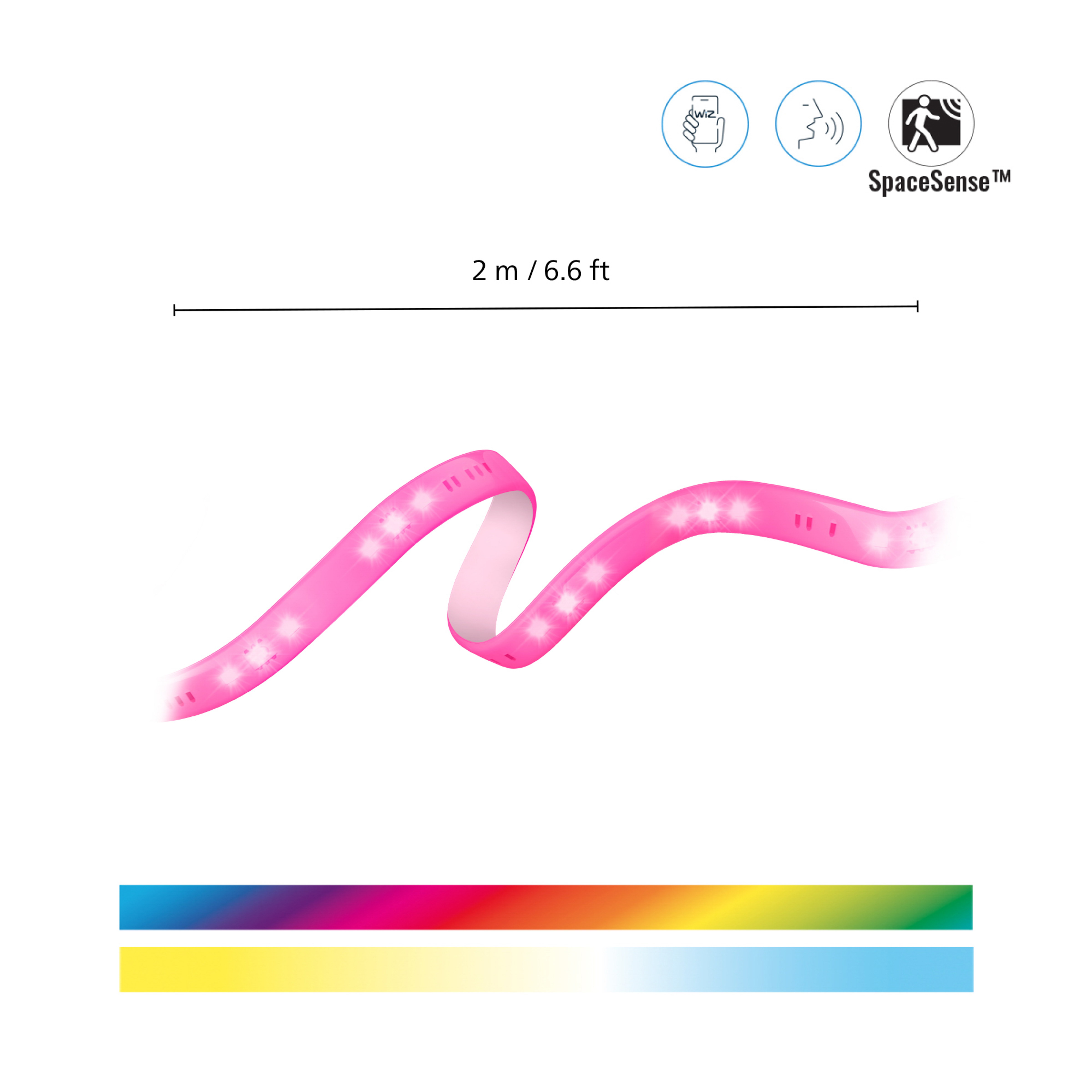Ein 2m langer, pinker LED-Lichtstreifen mit Farb- und Weissskala sowie App- und Sprachsteuerung.