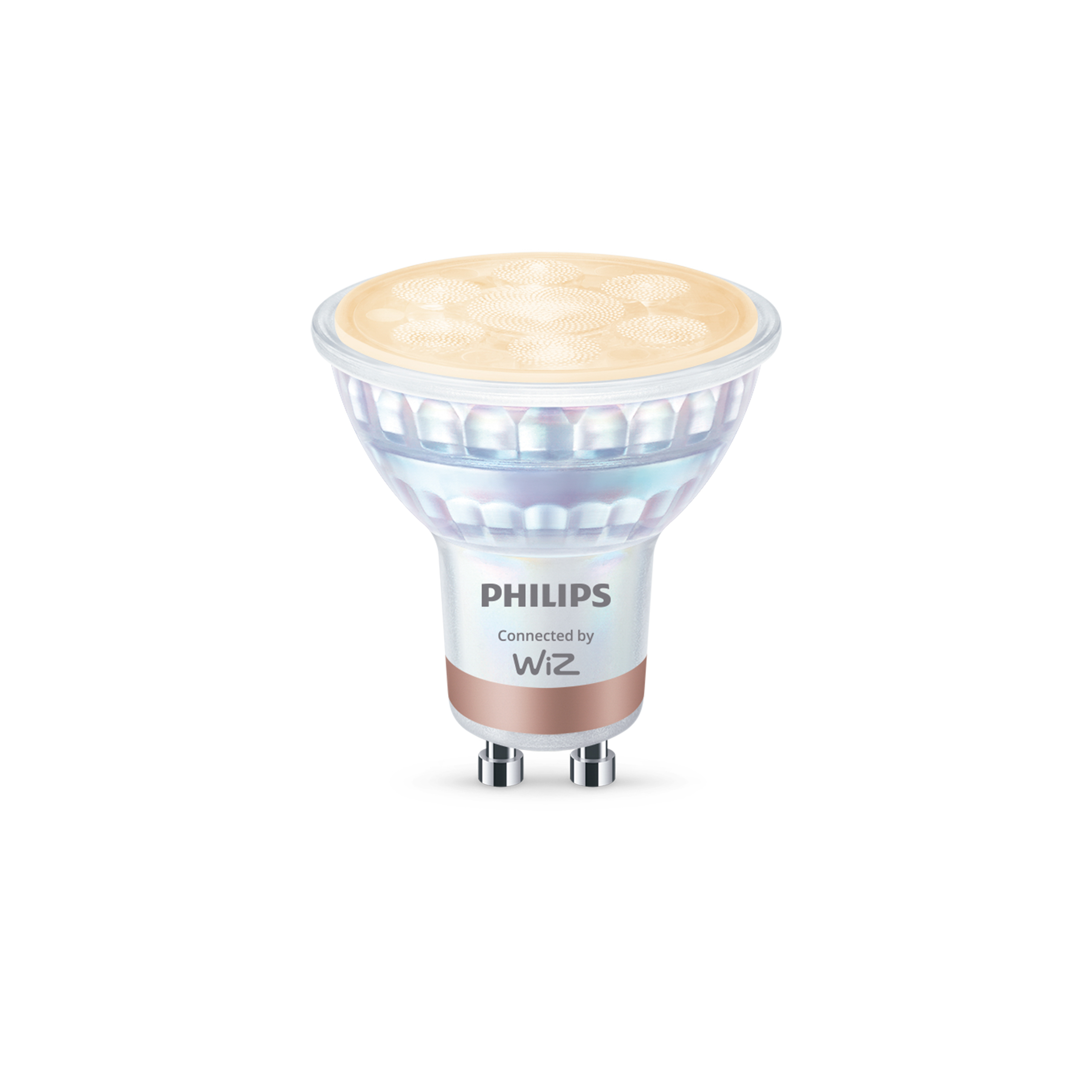 Bombilla LED Philips con casquillo GU10, cuerpo blanco y texto Connected by WiZ, sobre fondo blanco.