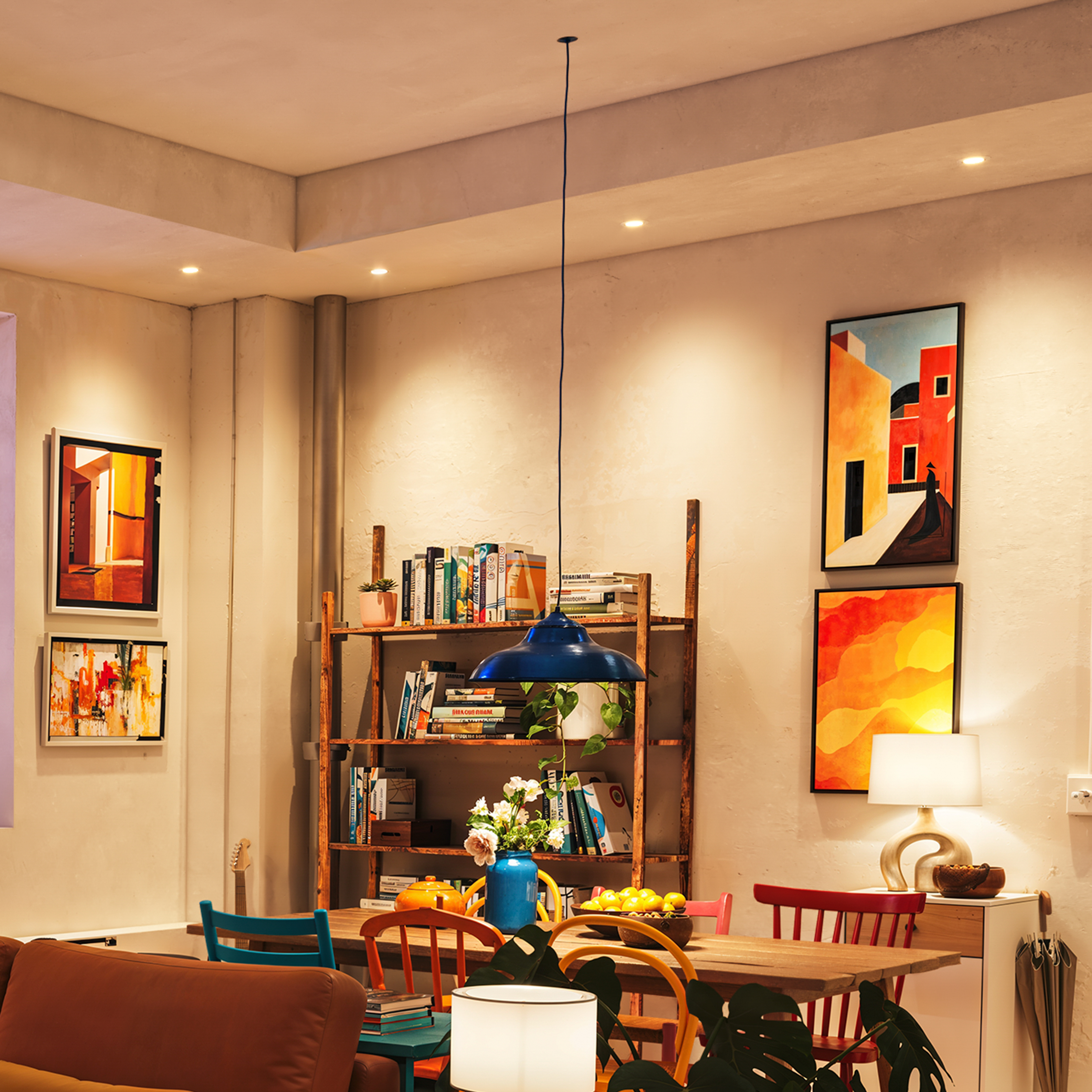 Comedor acogedor con mesa de madera, sillas coloridas, estanterías llenas de libros y cuadros brillantes.