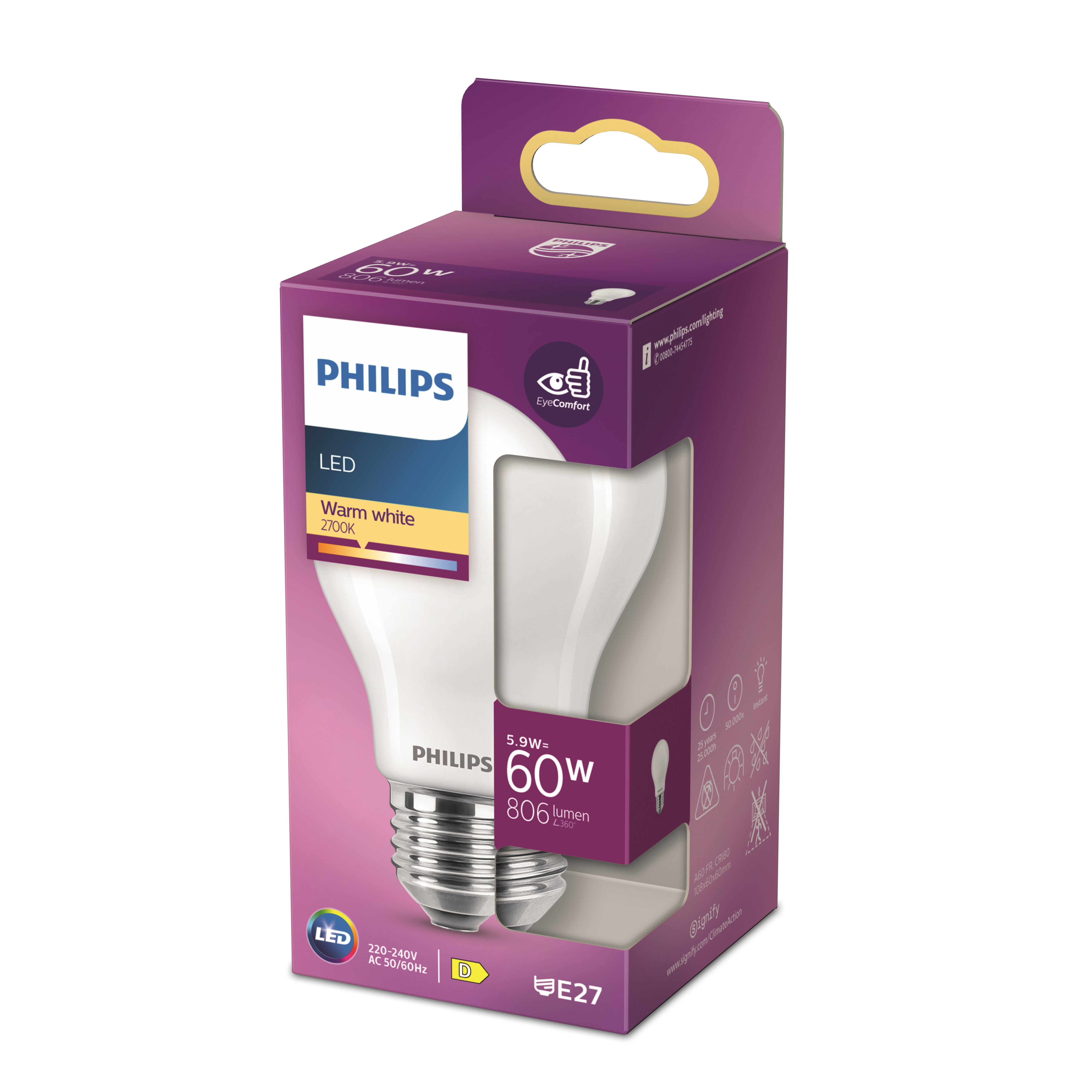Packaging for a Philips LED light bulb, warm white, 60W equivalent, E27 base.