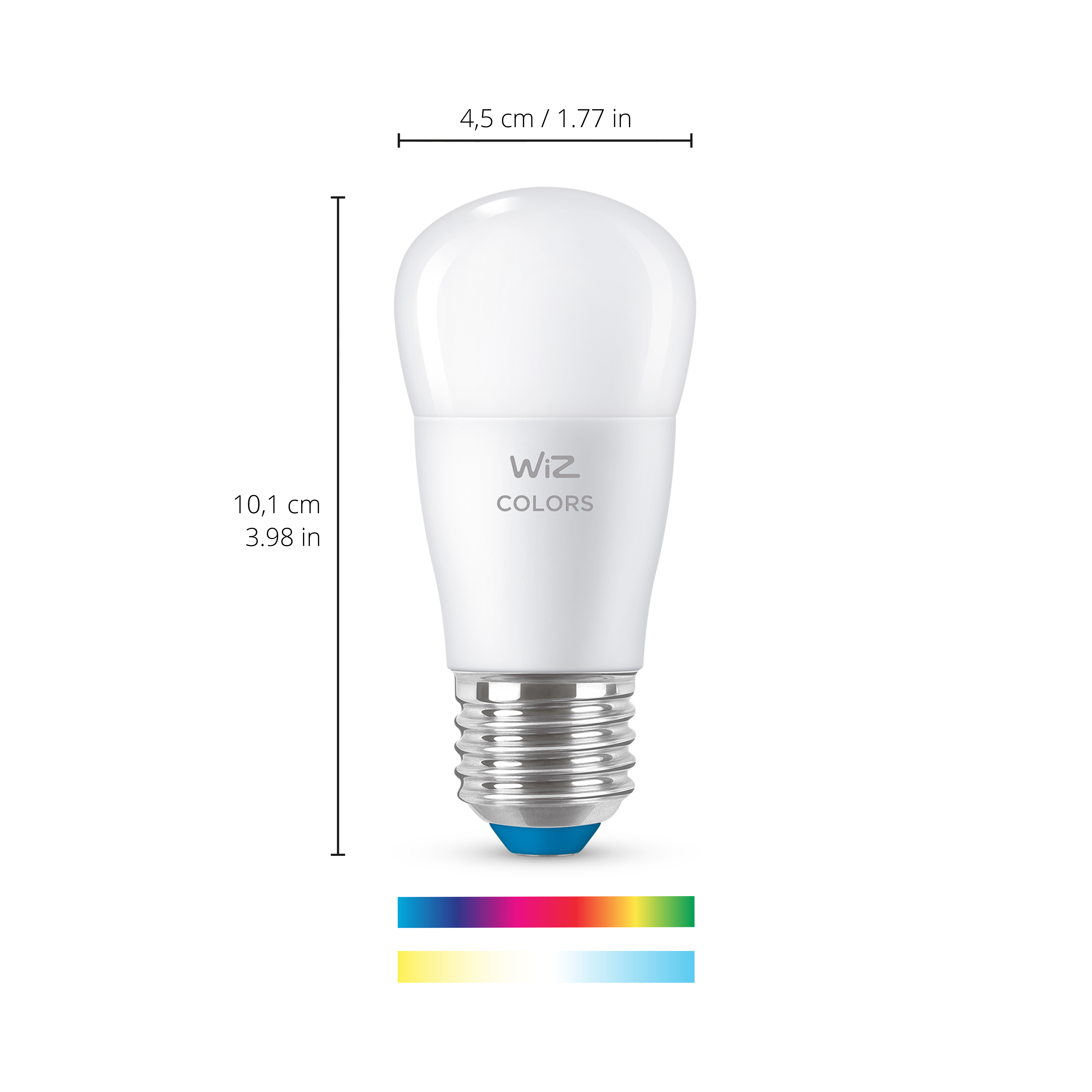 Inteligentna żarówka LED WiZ o wysokości 10,1 cm i szerokości 4,5 cm, z paskami światła kolorowego i białego.
