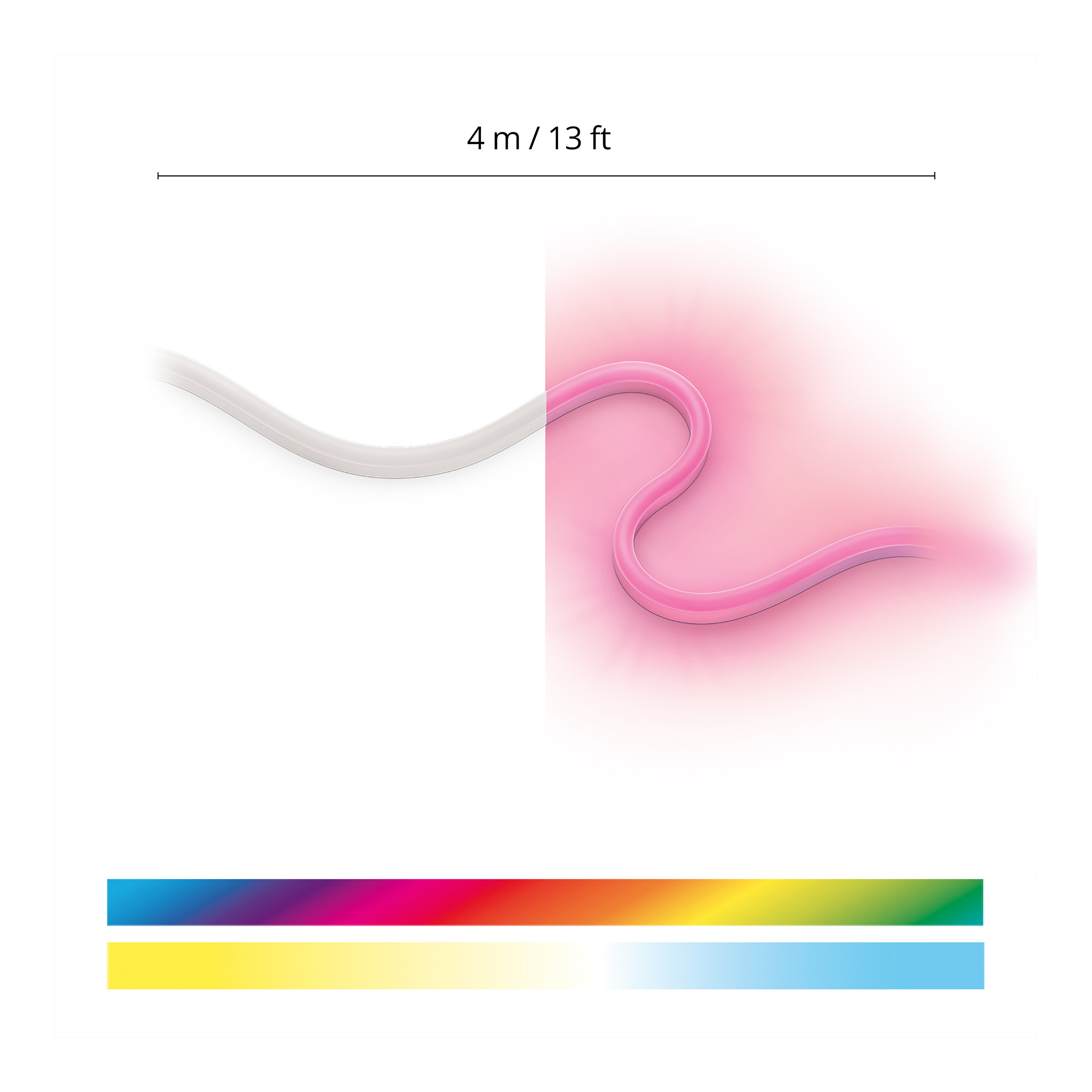 Una tira LED flexible de 4m brilla en rosa a la derecha y está apagada a la izquierda. Dos barras de color abajo.