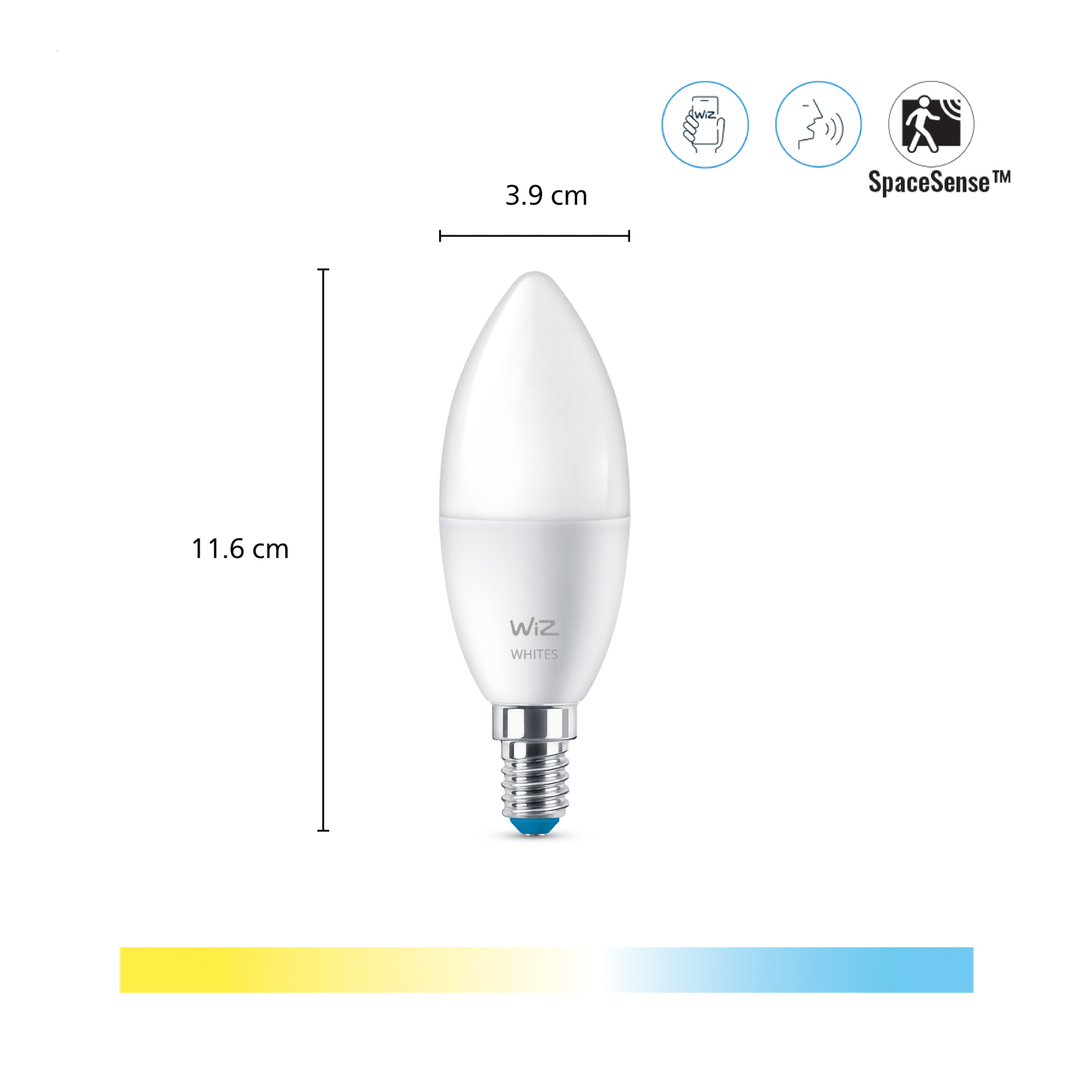 Biała żarówka LED WiZ o wymiarach 3.9cm i 11.6cm z ikonami w prawym górnym rogu.