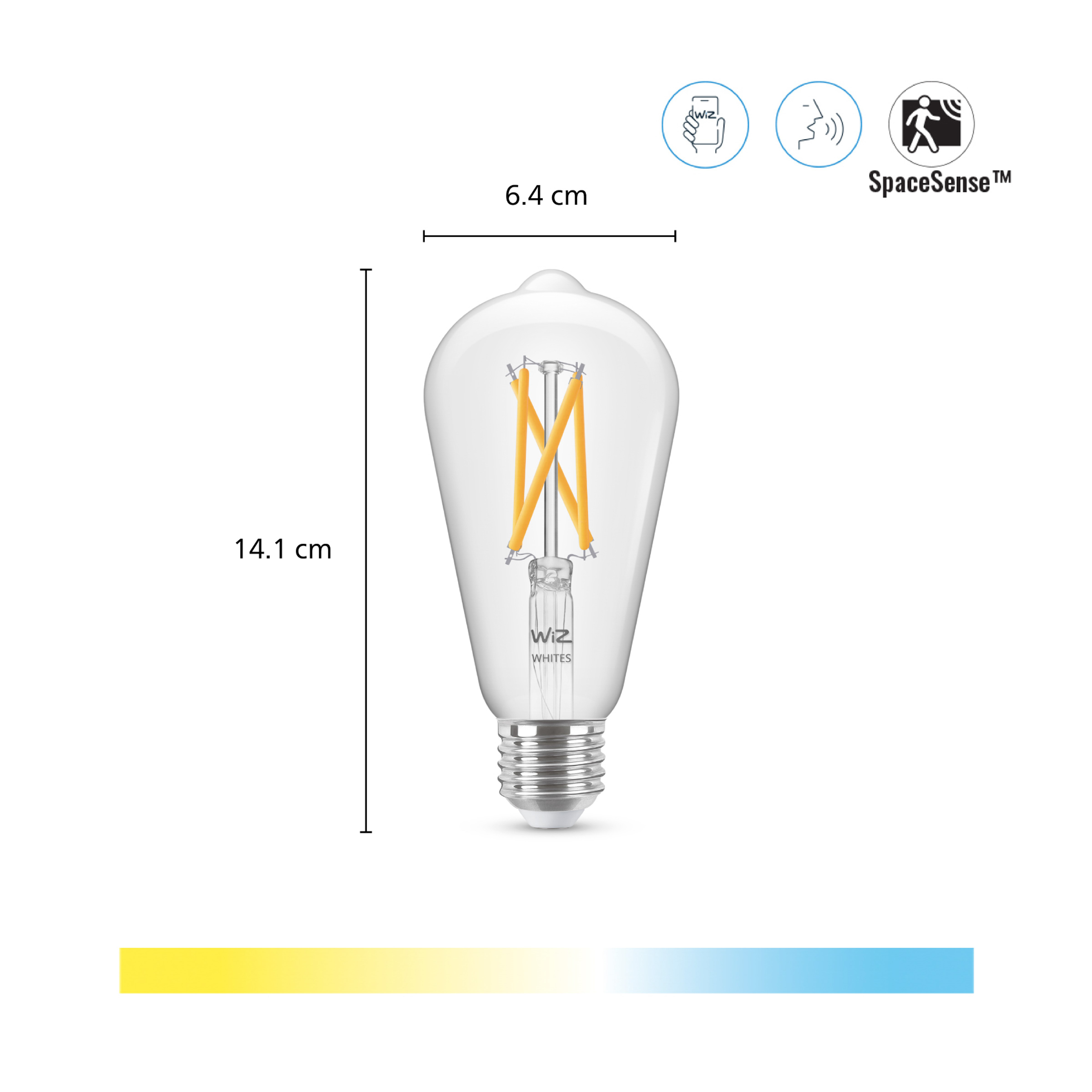 Rysunek techniczny żarówki LED o wymiarach 14,1 x 6,4 cm, ikonami aplikacji i skalą kolorów.