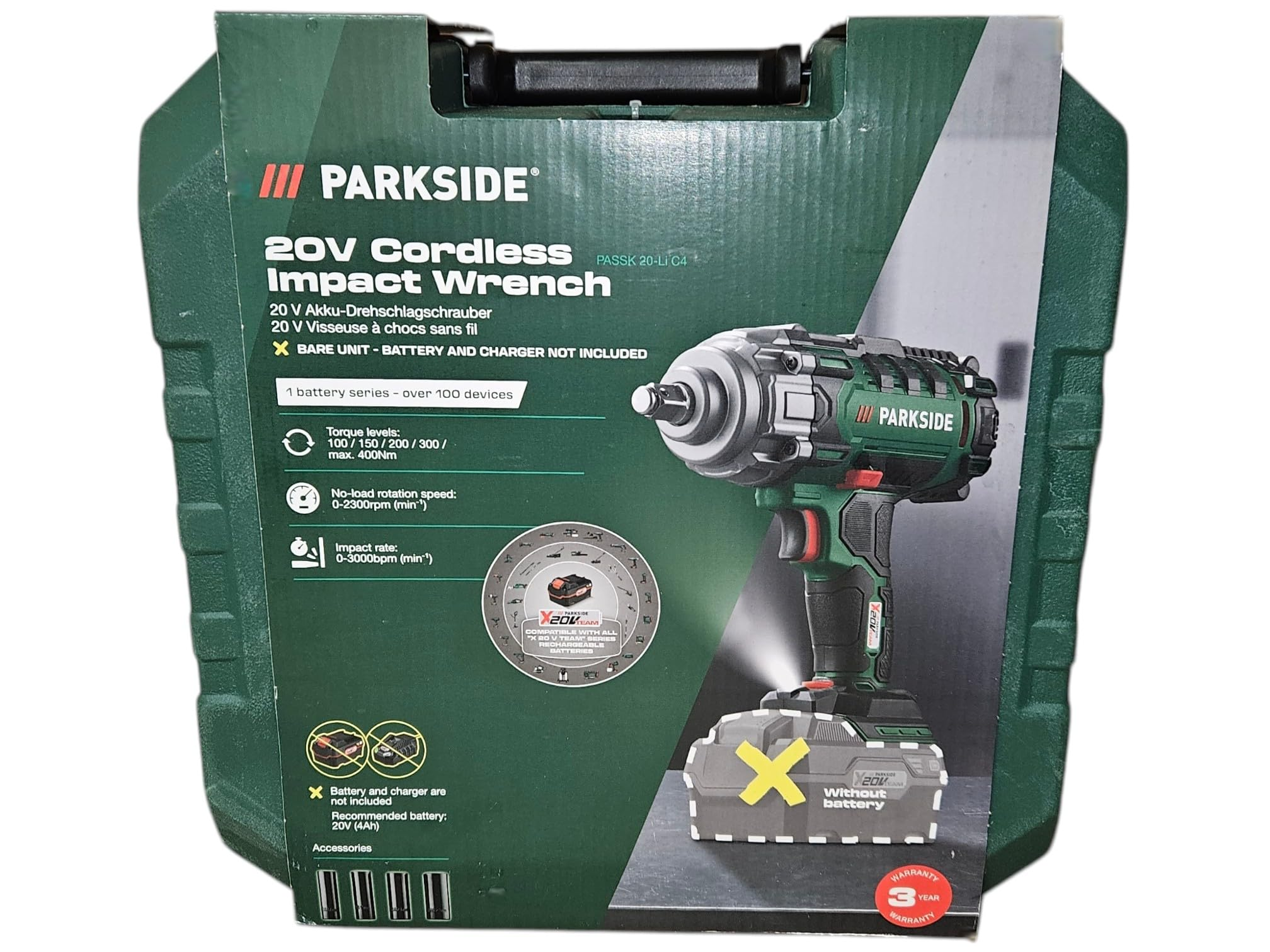 Grüne Parkside 20V Akku-Schlagschrauber Box mit Werkzeugbild und Text auf der Verpackung.
