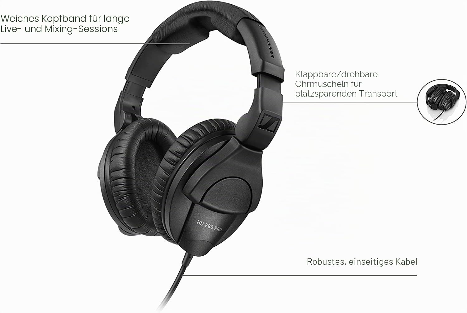 Cuffie nere Sennheiser HD 280 Pro con etichette di testo in tedesco su sfondo bianco.