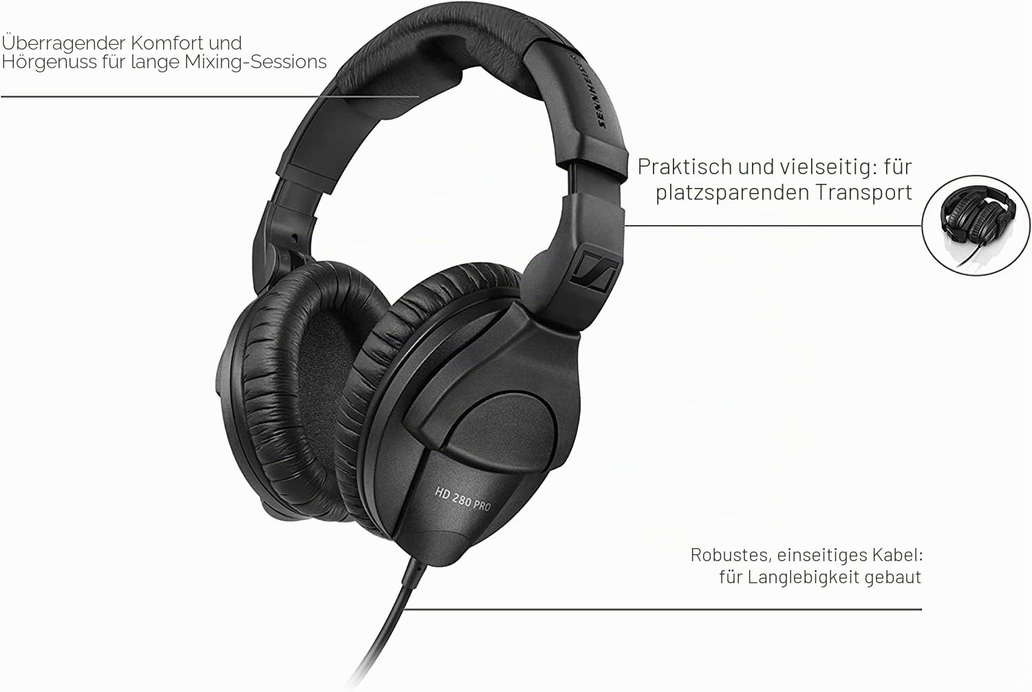 Cuffie nere Sennheiser HD 280 Pro mostrate con annotazioni sulle caratteristiche.