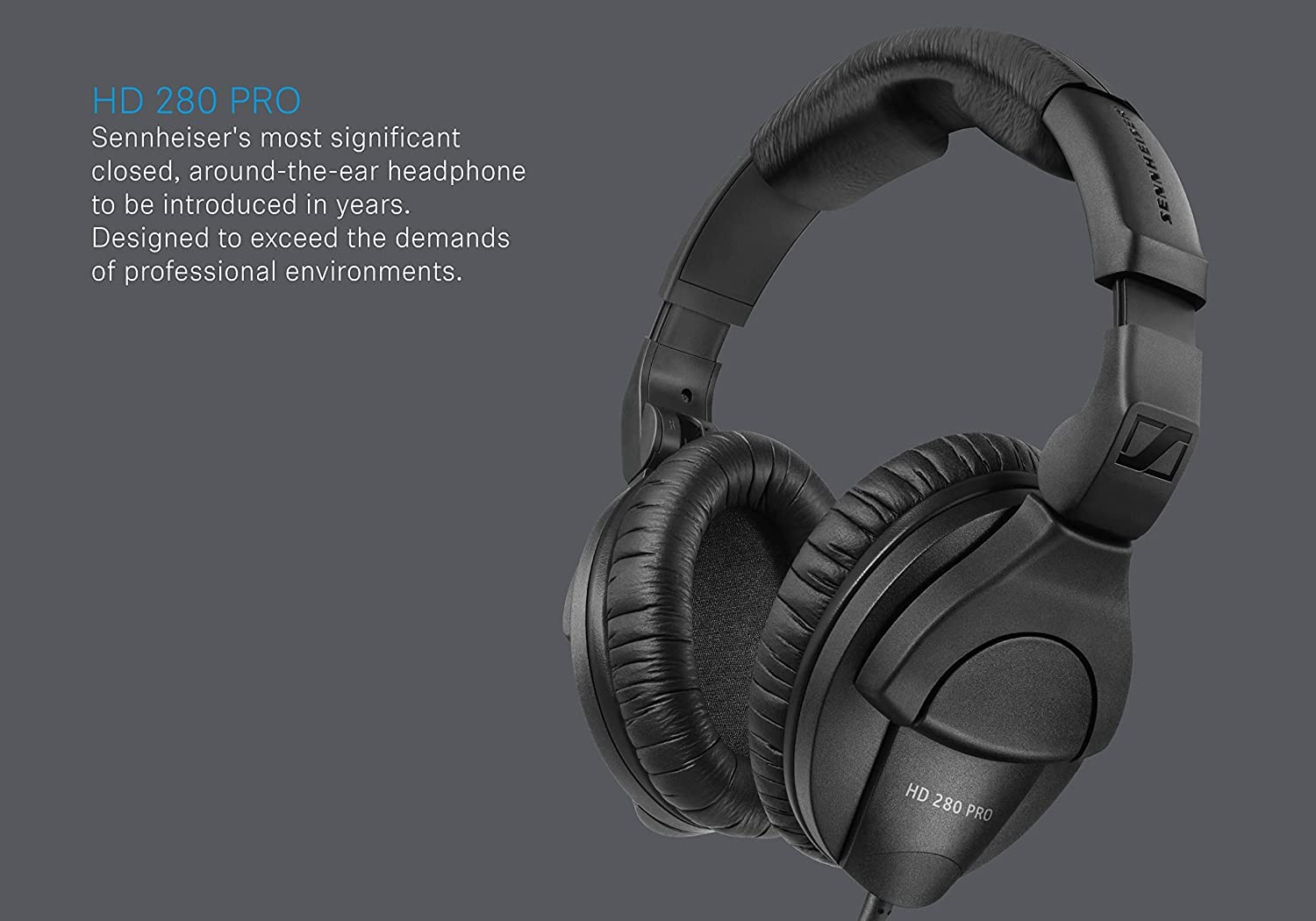 Cuffie da studio nere Sennheiser HD 280 Pro su sfondo grigio con testo.