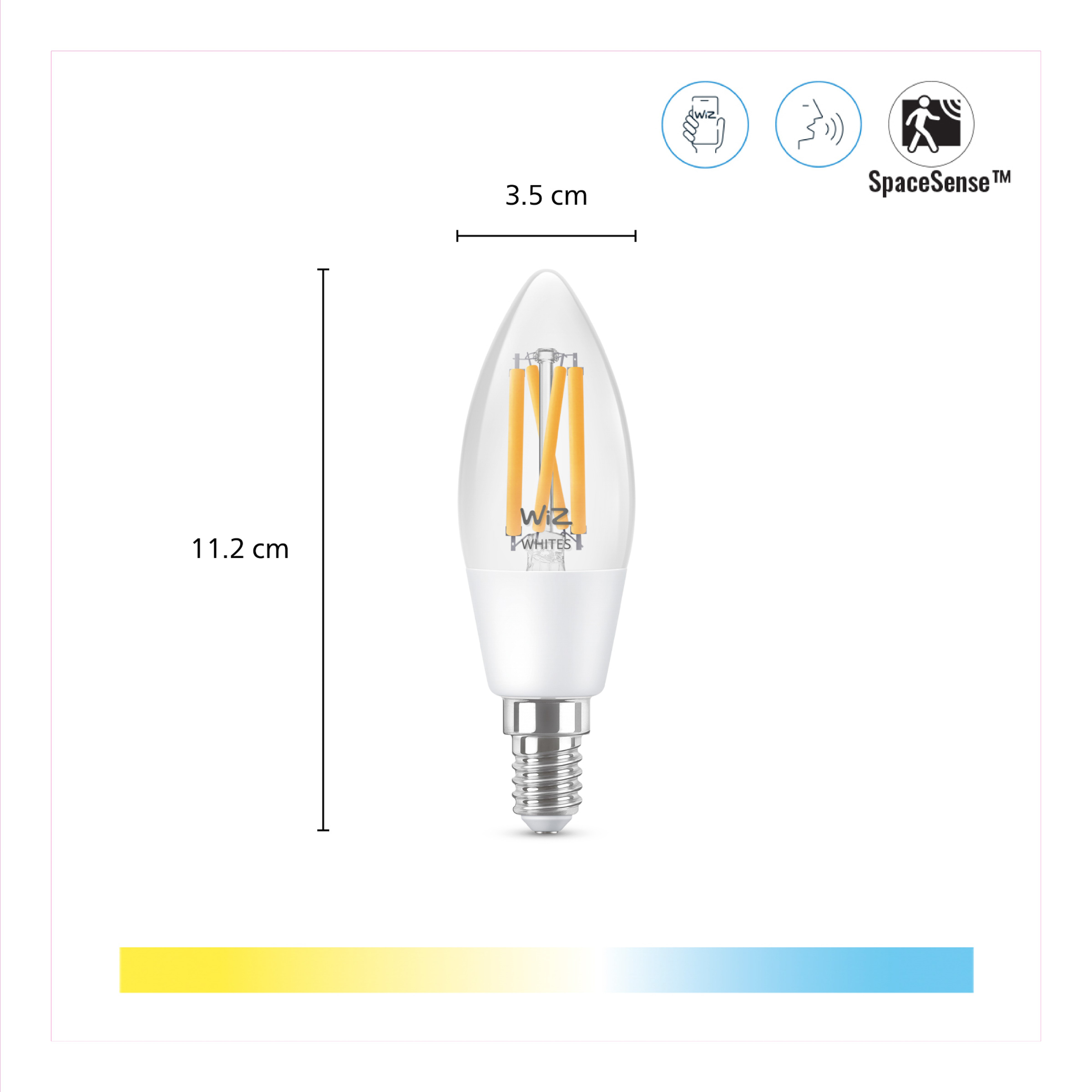Żarówka świecowa LED WiZ, wymiary 3.5x11.2 cm, z ikonami aplikacji, głosu i ruchu.
