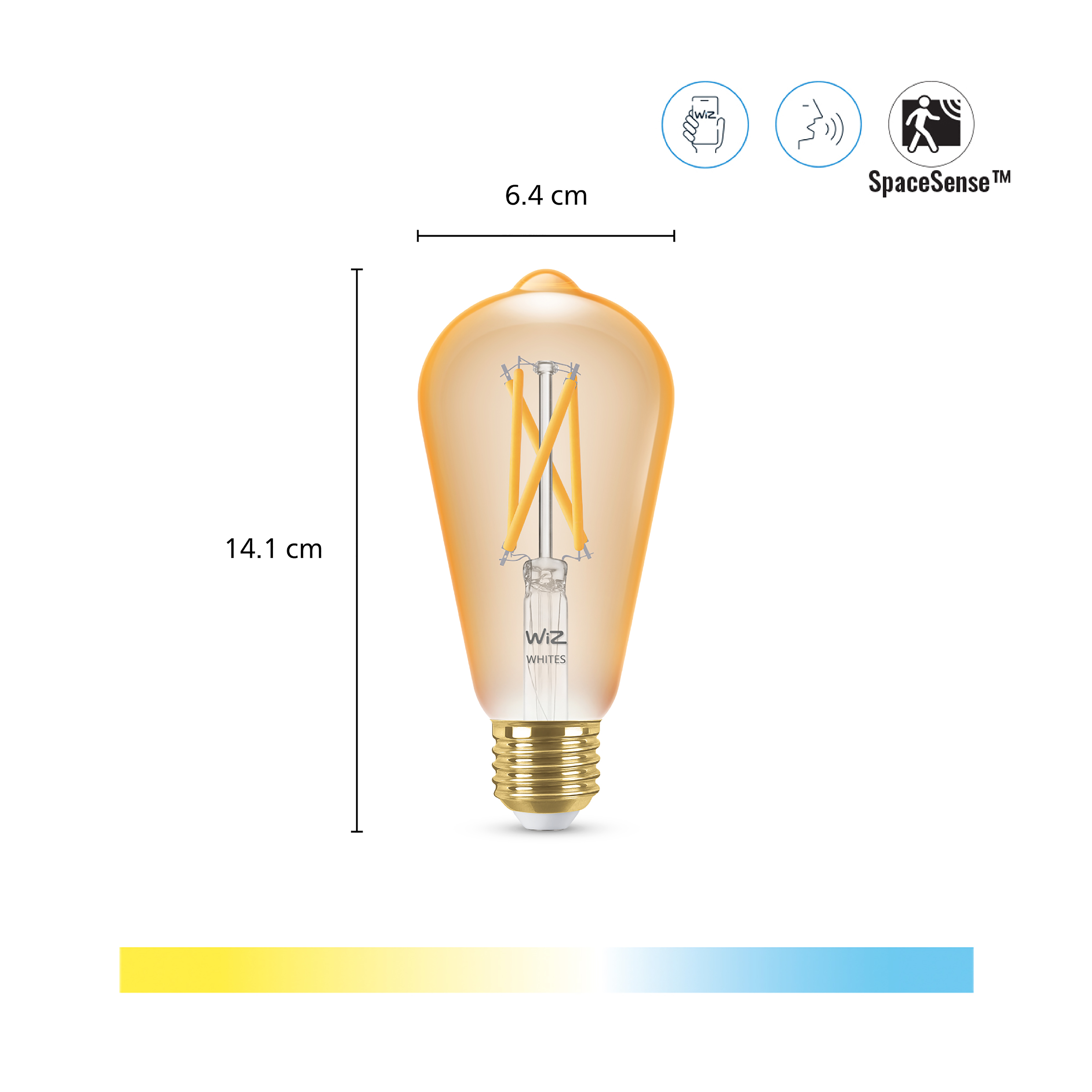 LED-Glühbirne mit Maßangaben von 14.1 und 6.4 cm, App-, Sprach- und Bewegungserkennungssymbolen.