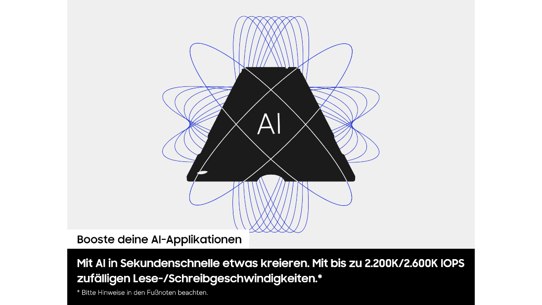 Ein schwarzer Chip mit der Aufschrift AI, umgeben von blauen Linienmustern auf hellem Hintergrund.