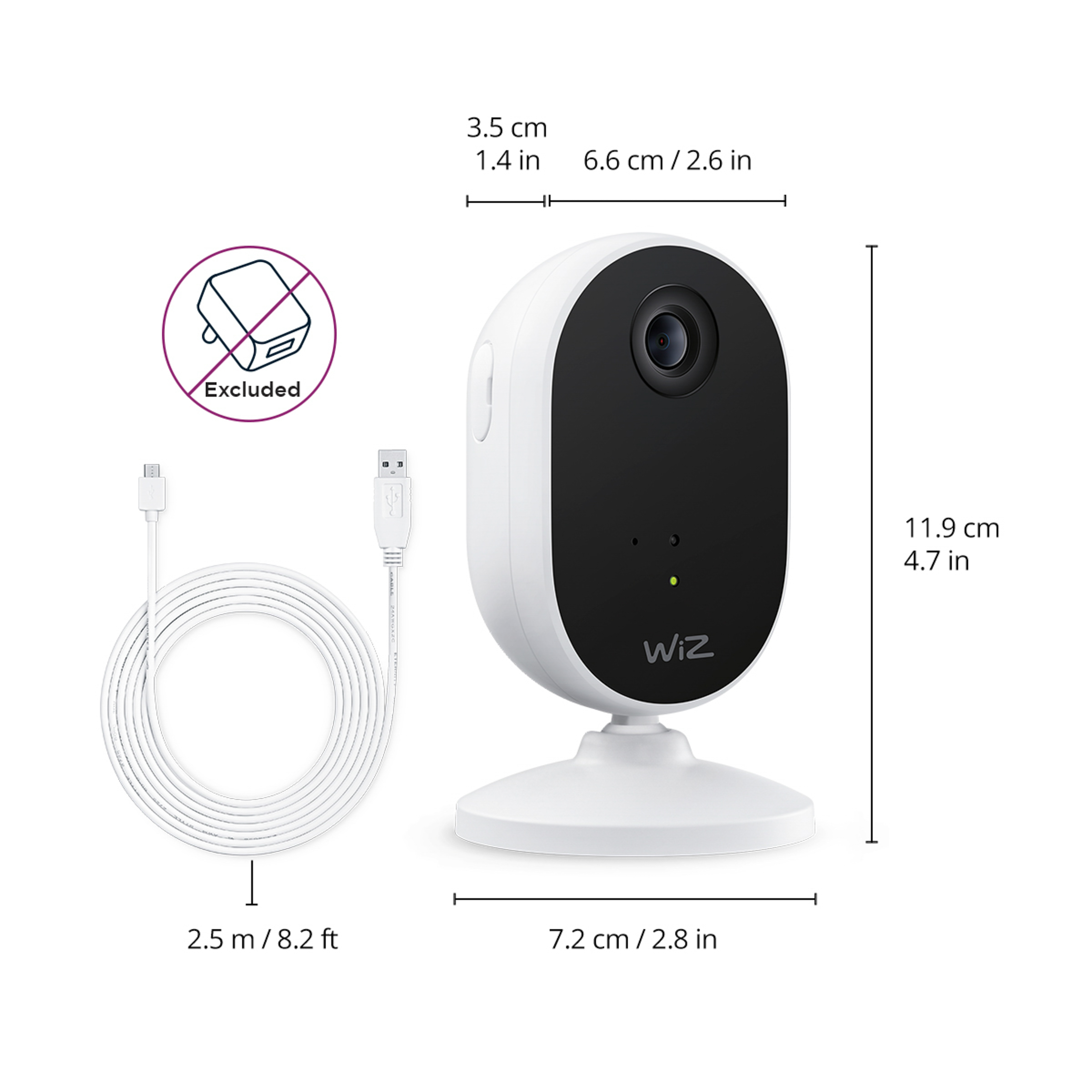 Wiz Überwachungskamera mit USB-Kabel, Grössenangaben und Adapterausschluss.