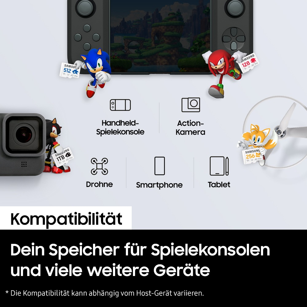 Personajes de Sonic muestran tarjetas de memoria Samsung con dispositivos como consola y cámara.