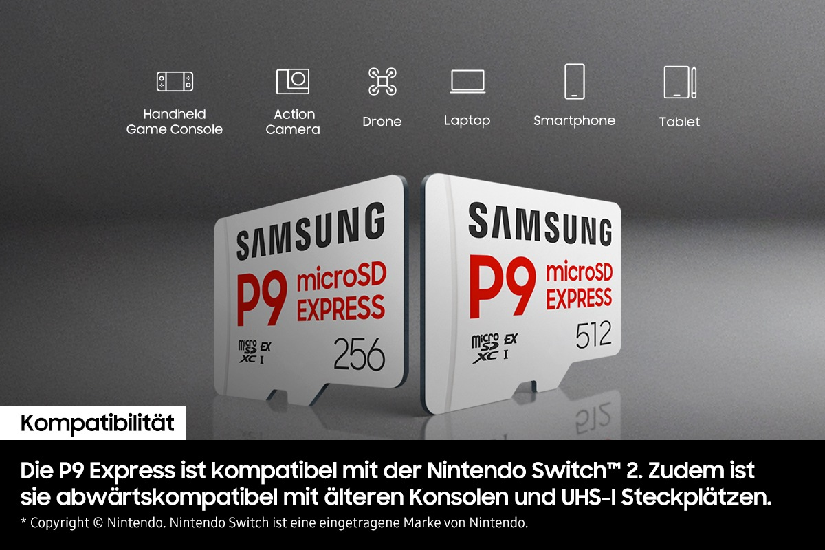 Due schede microSD Express Samsung P9 con icone di compatibilità per console portatili e smartphone.