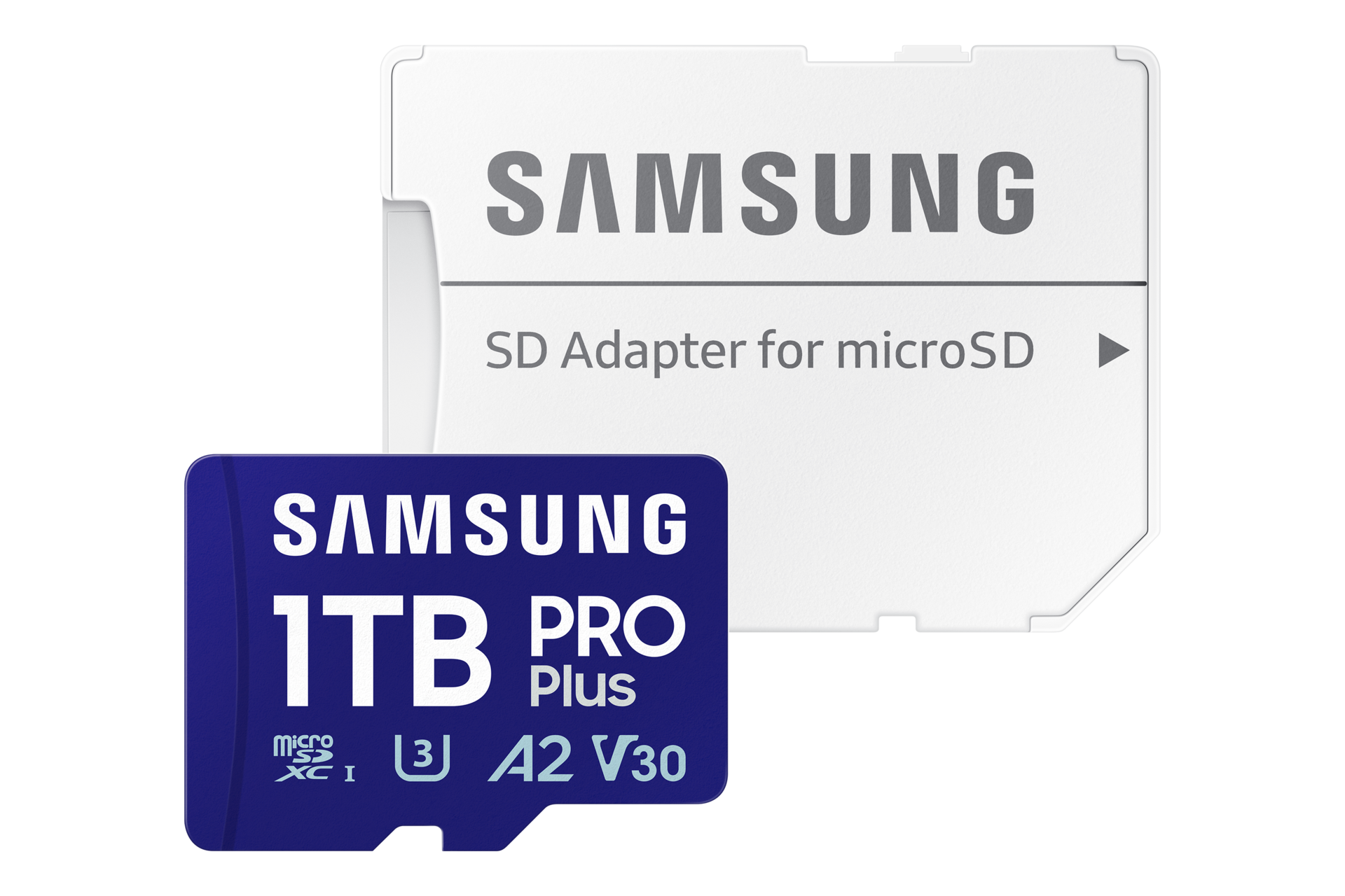 Niebieska karta microSD Samsung 1TB PRO Plus przed białym adapterem SD.