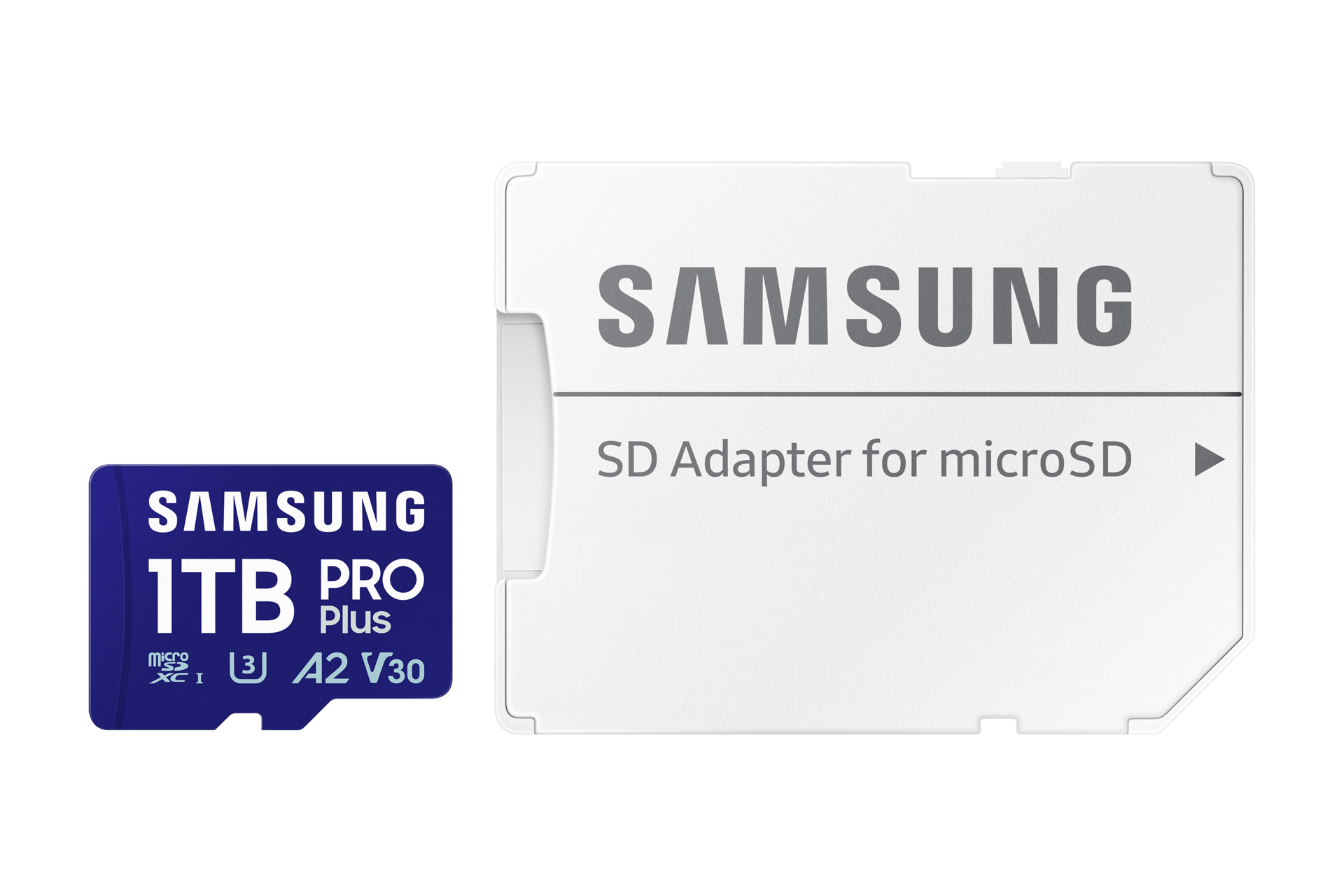 Niebieska karta microSD Samsung 1TB Pro Plus obok białego adaptera SD na czarnym tle.