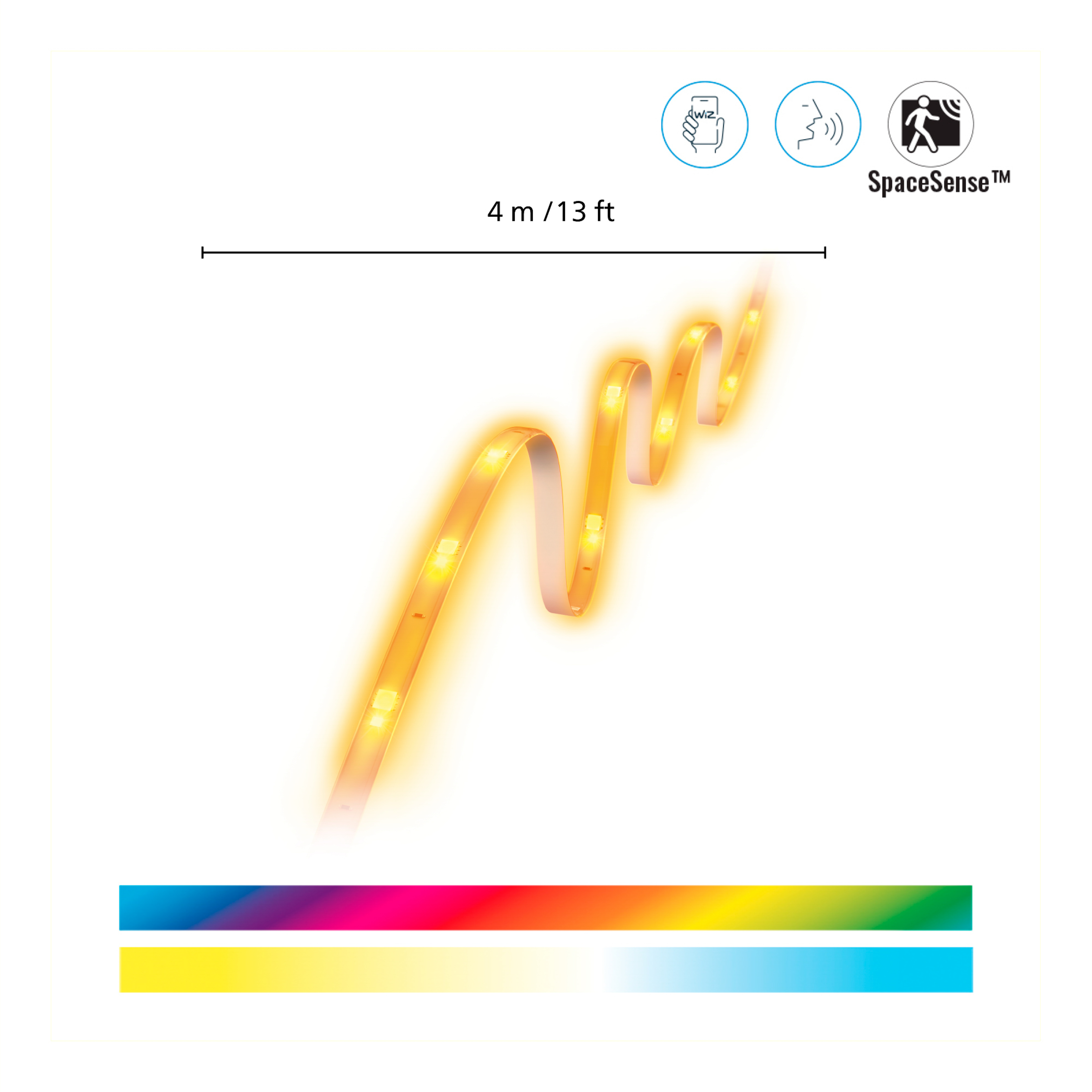 Ein 4m LED-Lichtband, App-, Sprach- und SpaceSense-Symbole sowie Farbverlaufsbalken unten.