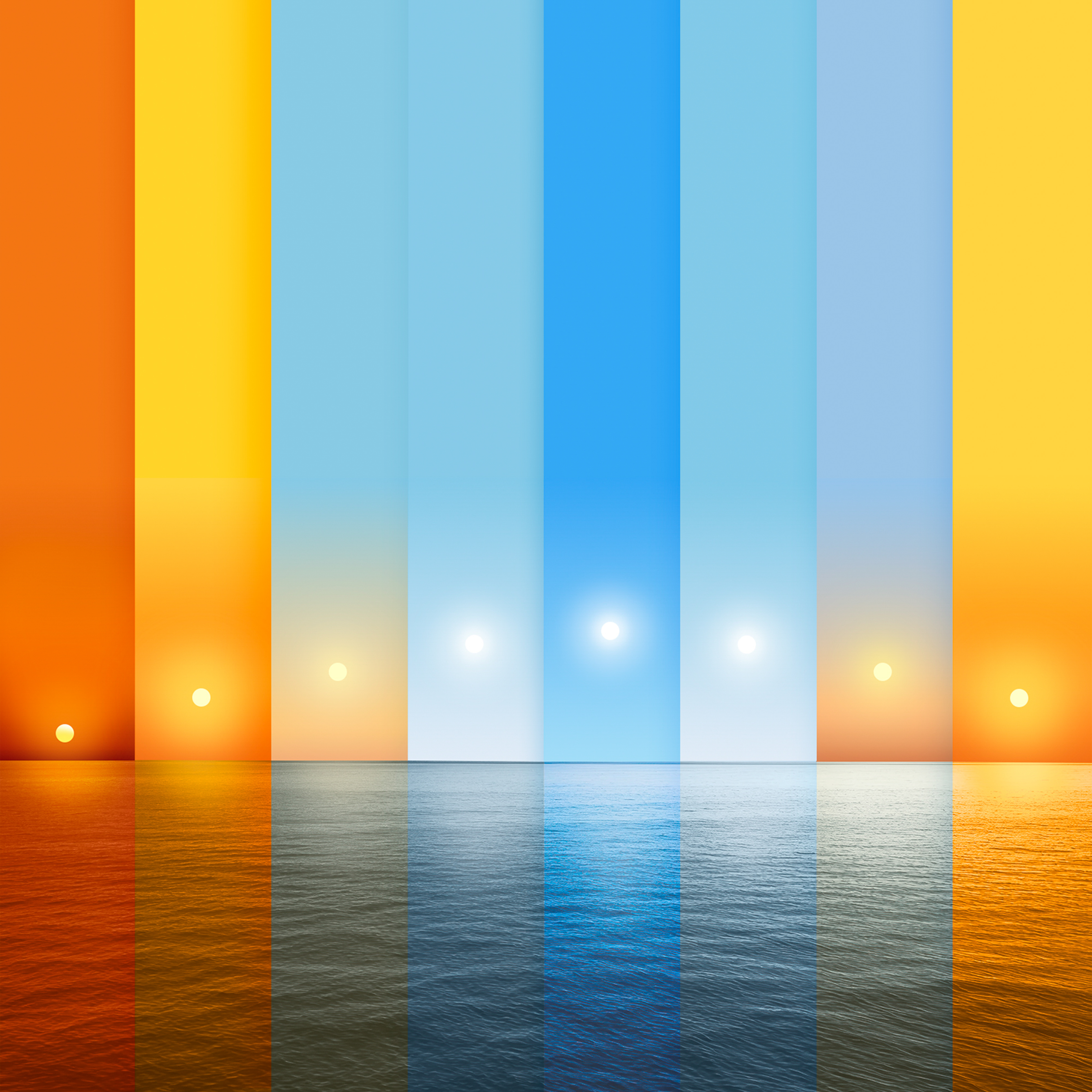 Franjas de colores verticales sobre un mar tranquilo, con soles brillantes y reflejos en cada columna.