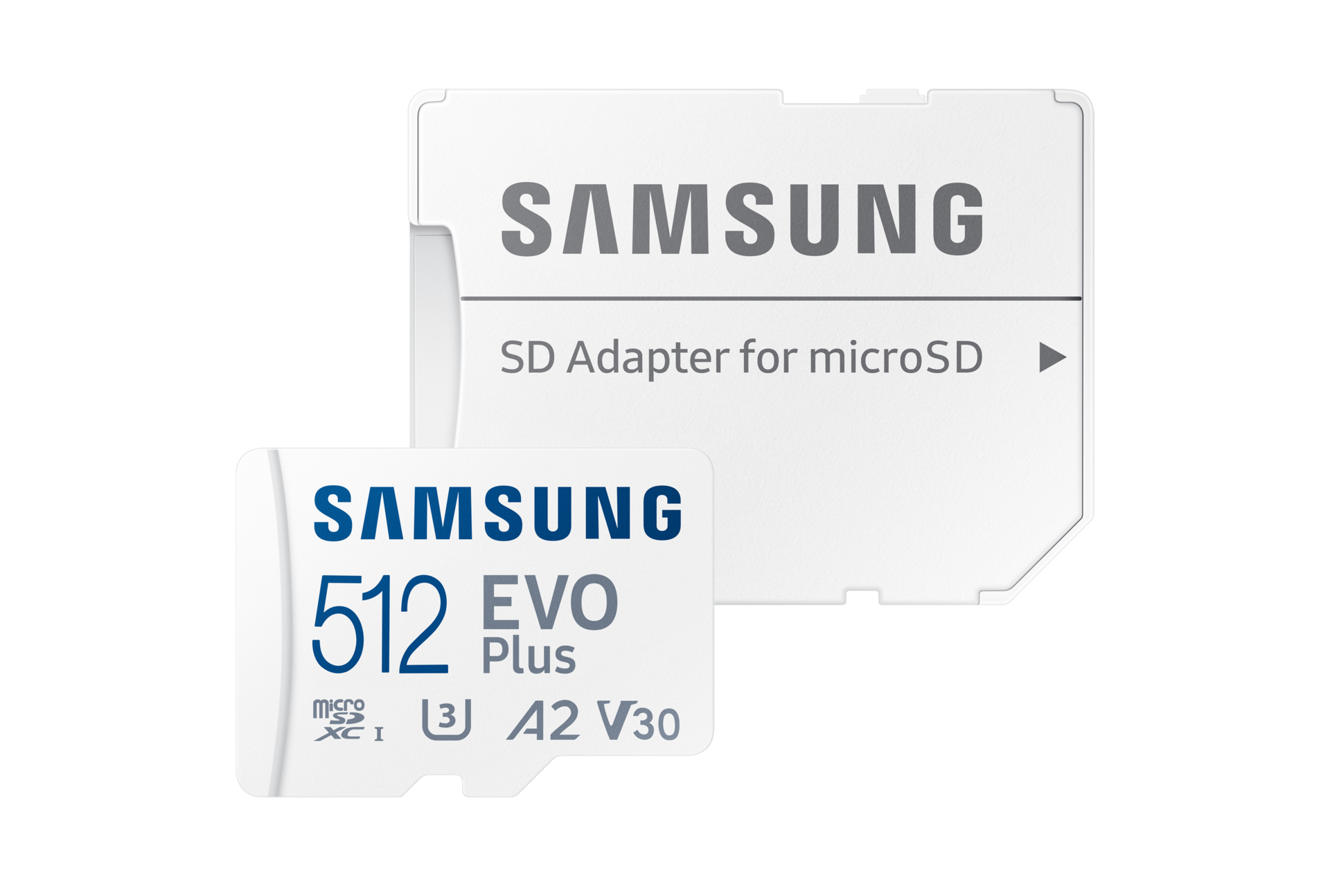 Eine weiße Samsung 512GB EVO Plus Micro-SD-Karte mit SD-Adapter auf schwarzem Hintergrund.