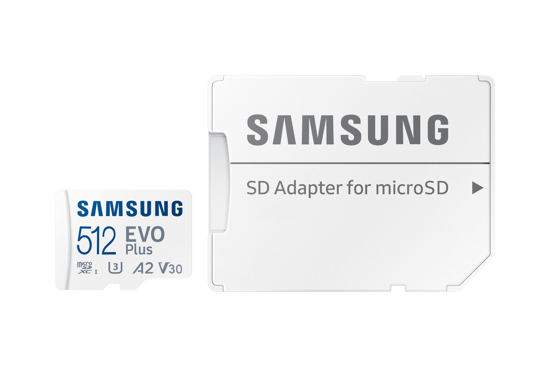 Eine Samsung 512GB Evo Plus Micro-SD-Karte mit SD-Adapter auf schwarzem Hintergrund.