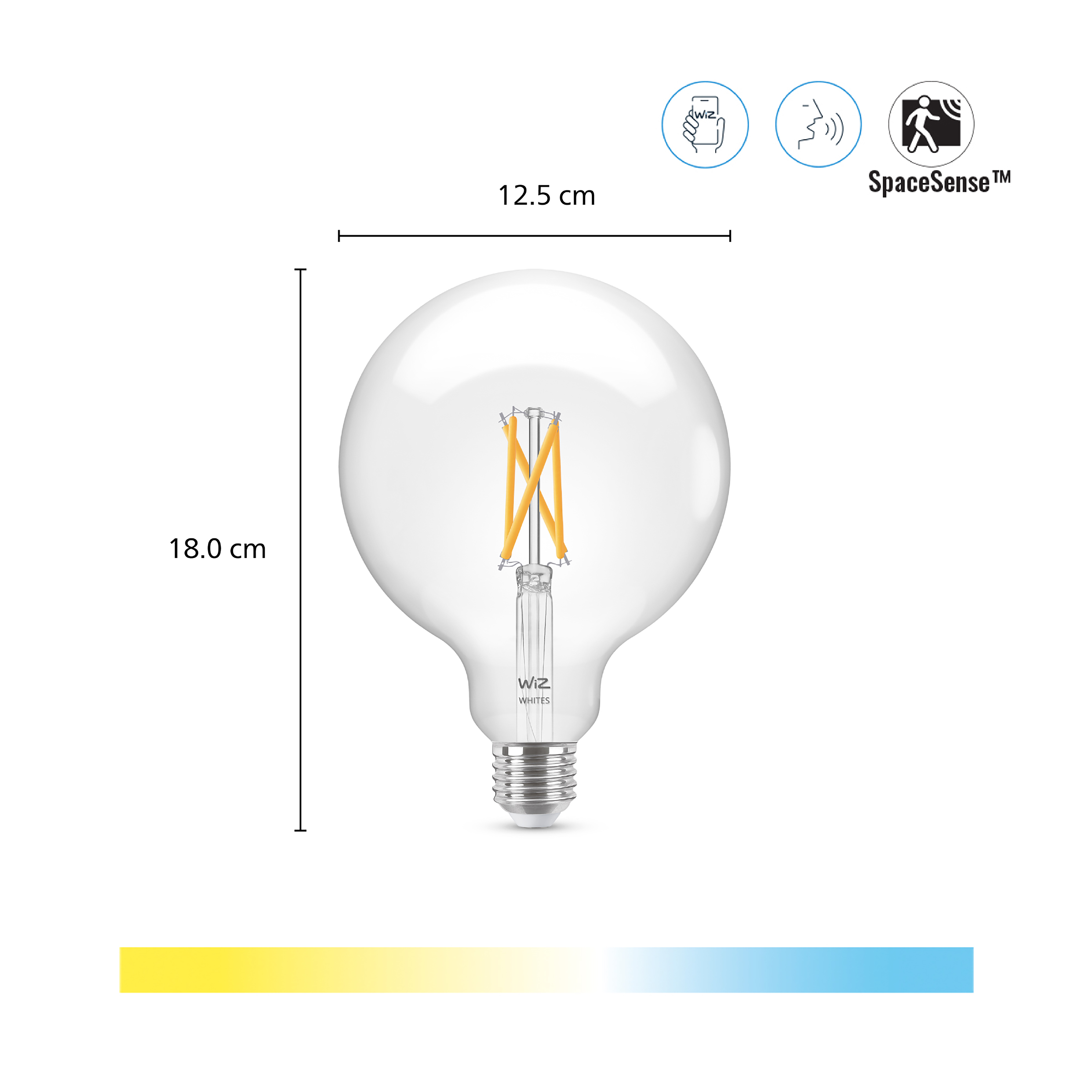 Żarówka LED Wiz o wymiarach 18.0x12.5 cm, ikony sterowania aplikacją, głosem, ruchem i pasek barw.