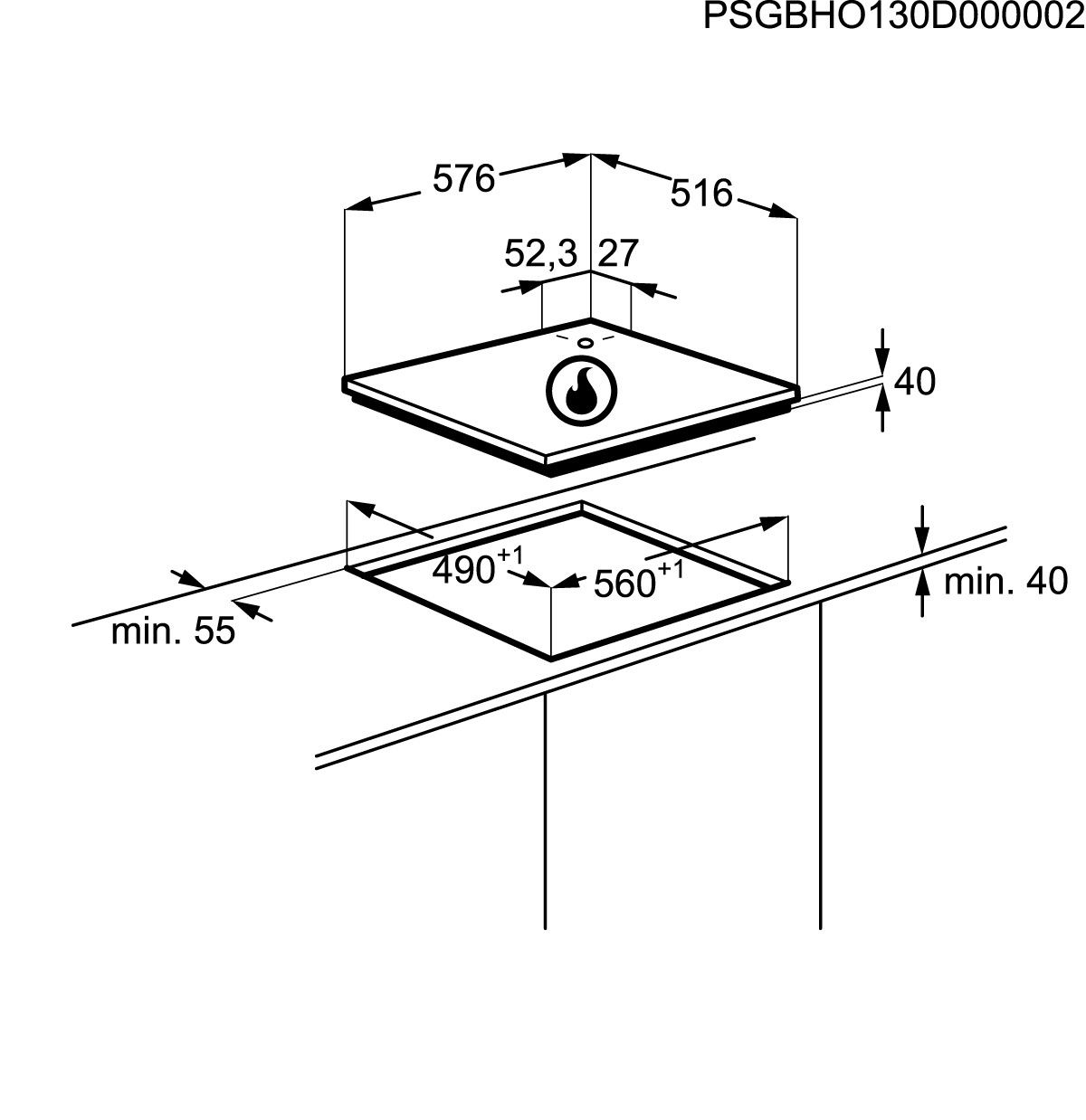 Disegno tecnico che mostra le dimensioni di installazione di un piano.
