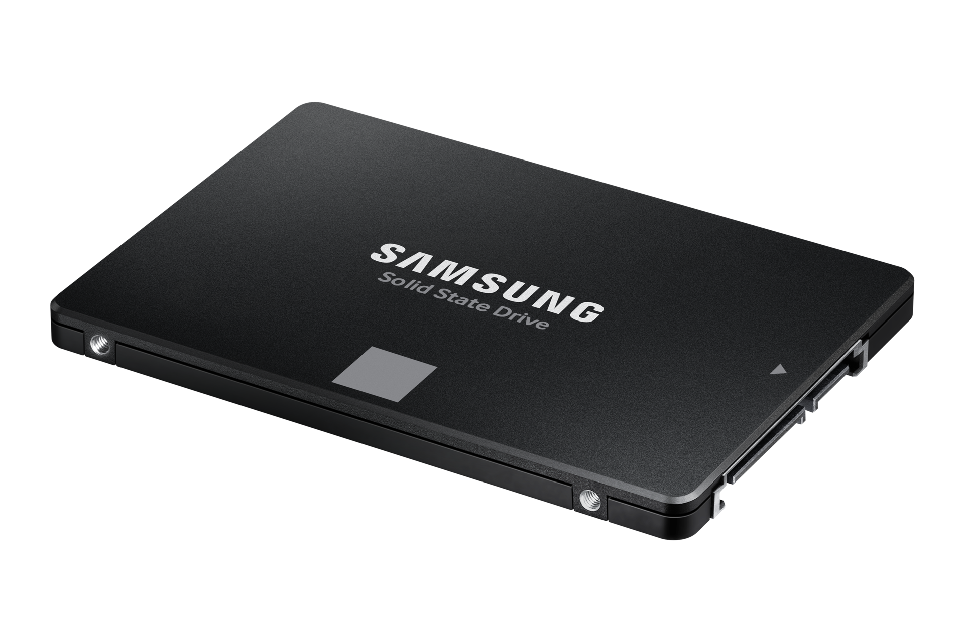 Un'unità SSD Samsung nera isolata su sfondo nero, che mostra la superficie superiore e il marchio.