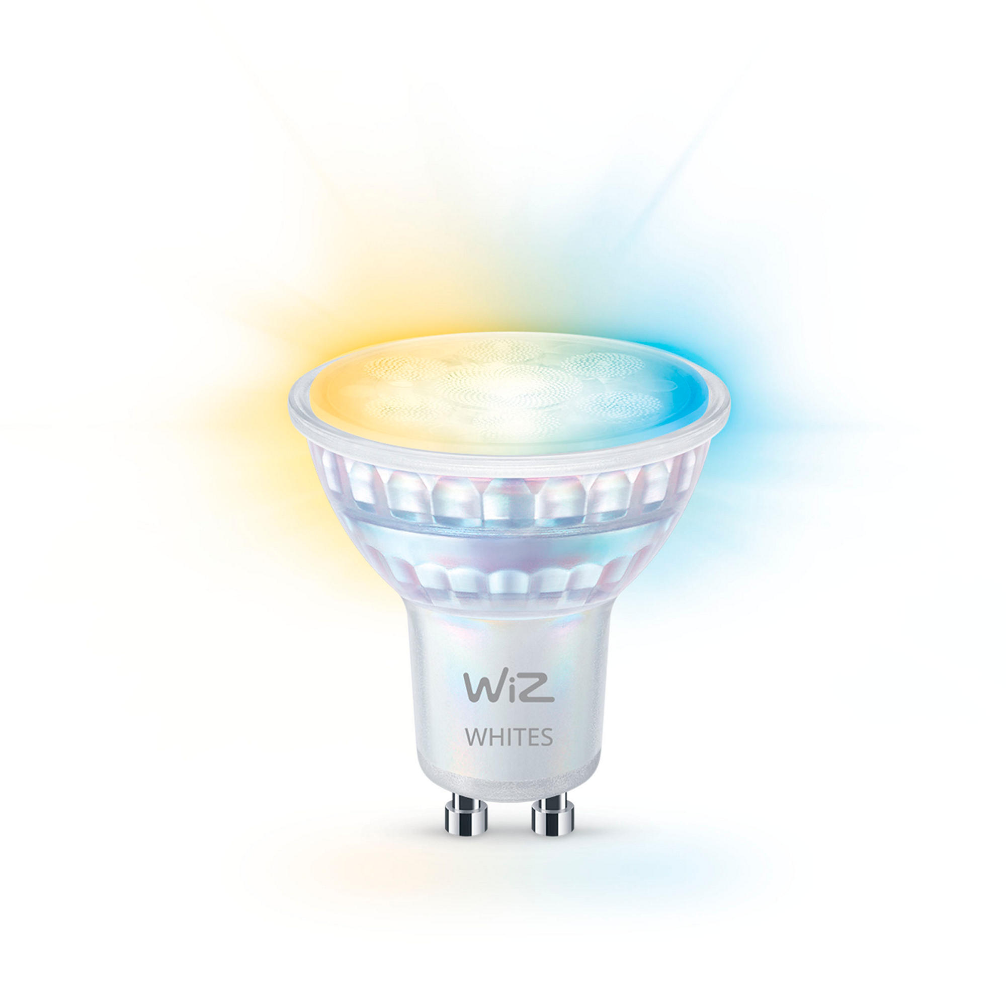 Die WiZ Smart-LED-Glühbirne leuchtet vor weißem Hintergrund in warmem Gelb und kühlem Blau.