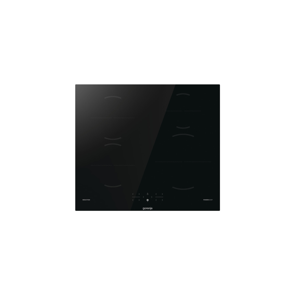 Placa de inducción Gorenje negra con cuatro zonas de cocción y panel táctil.