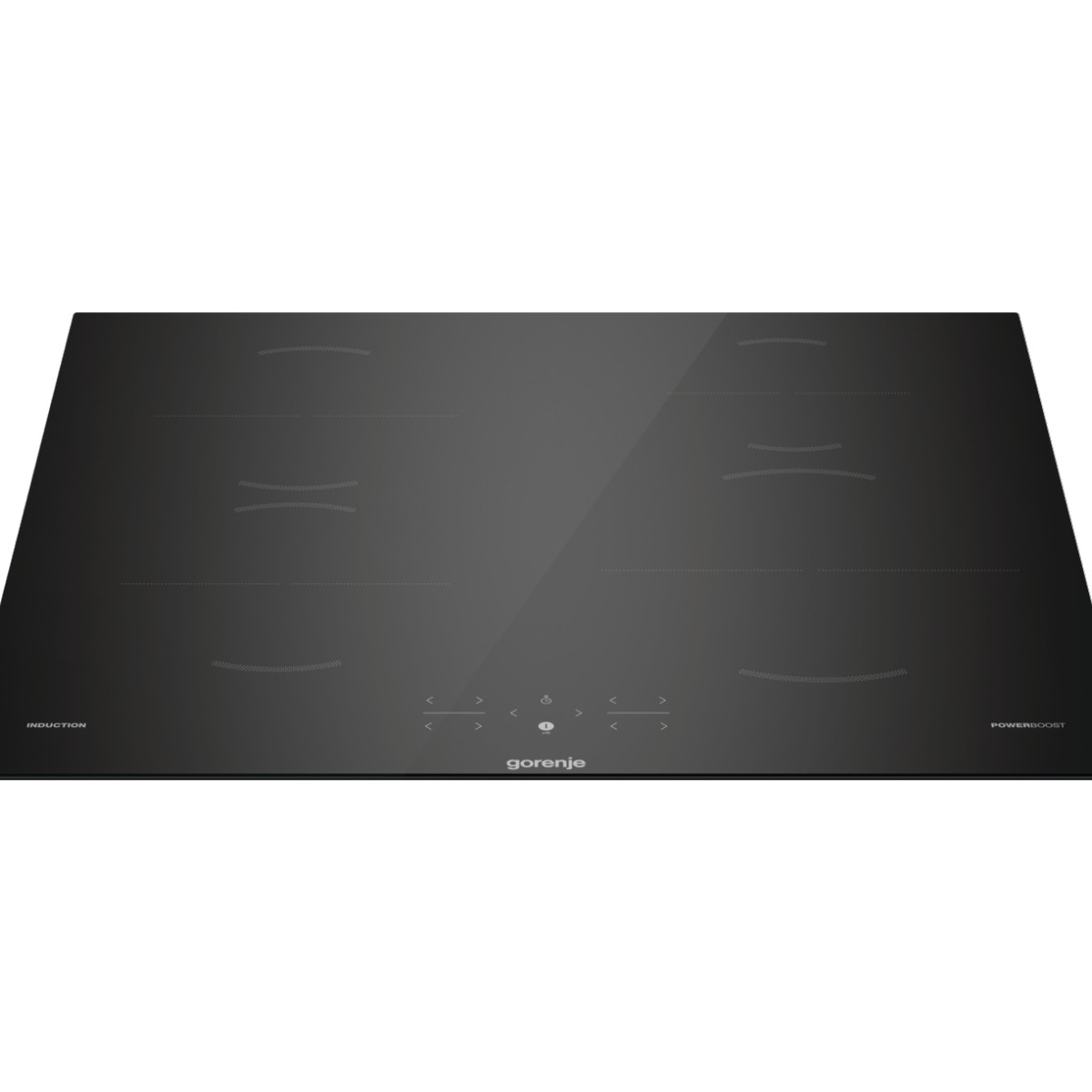 Una placa de inducción Gorenje negra con cuatro zonas de cocción y panel táctil.