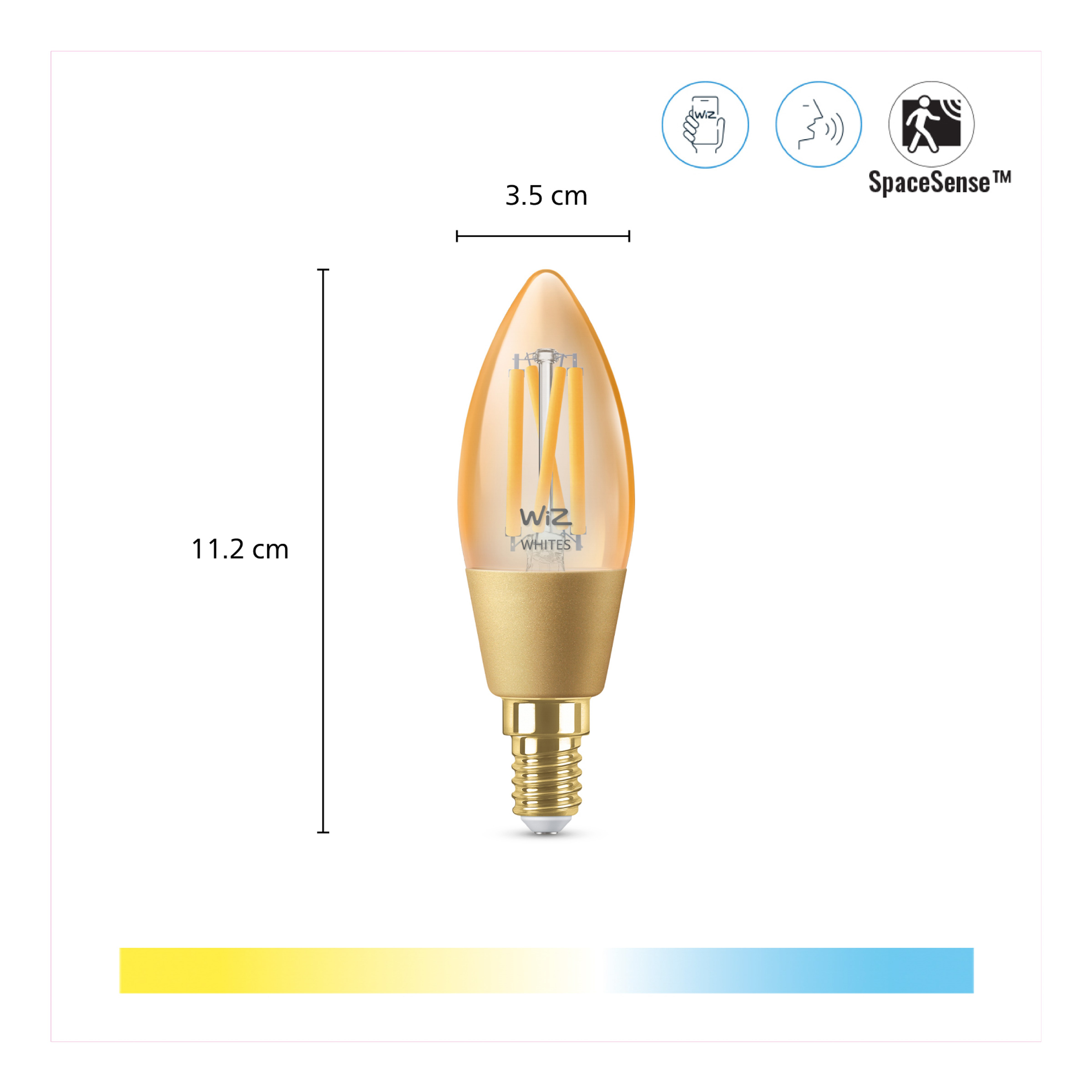 Technische Zeichnung und Maße einer goldenen WiZ LED-Kerzenlampe mit 3,5 cm Breite und 11,2 cm Höhe.