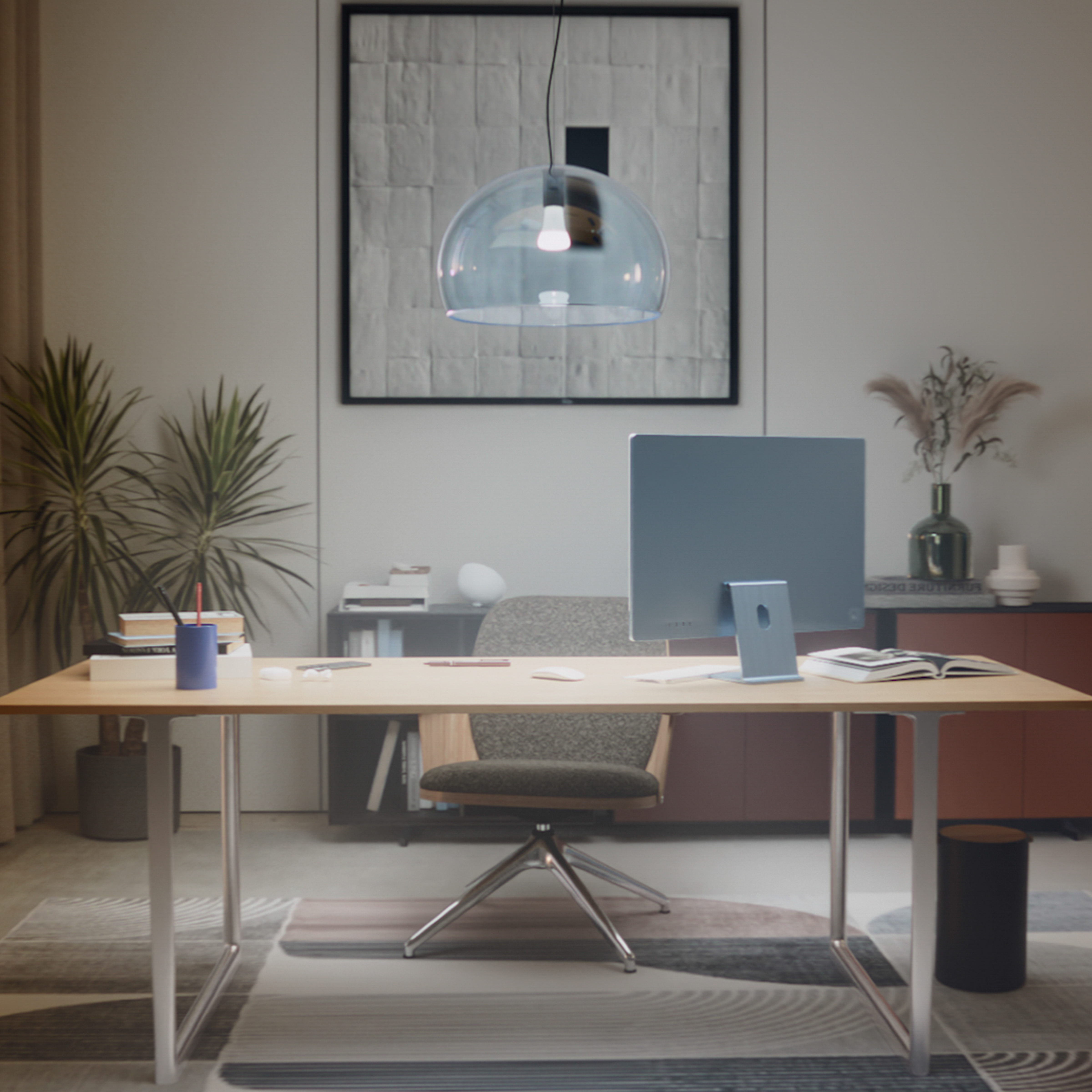 Un ufficio moderno con scrivania in legno, computer azzurro, sedia grigia e lampada.